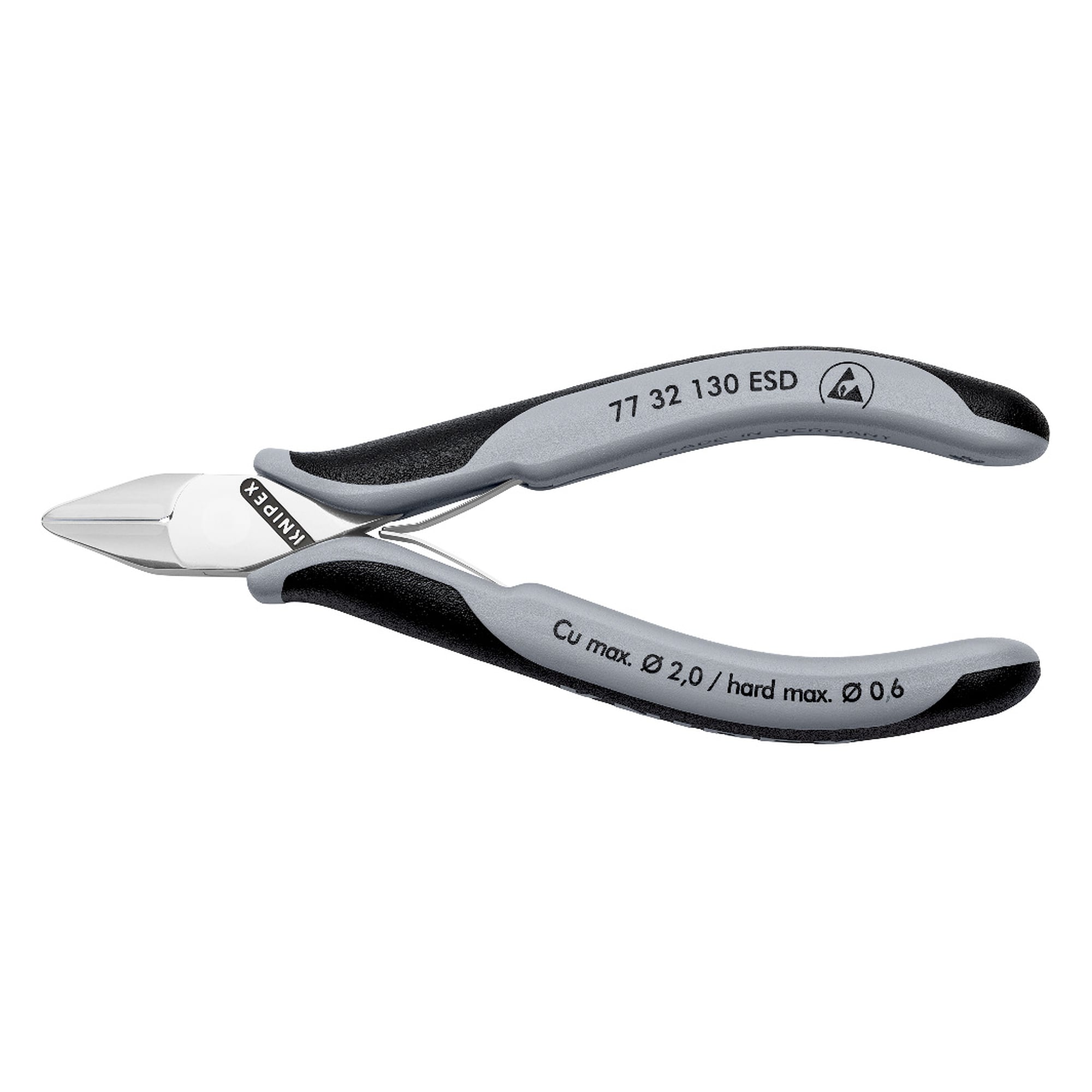 ESD electronics diagonal cutter with pointed head and small bevel, 130 mm