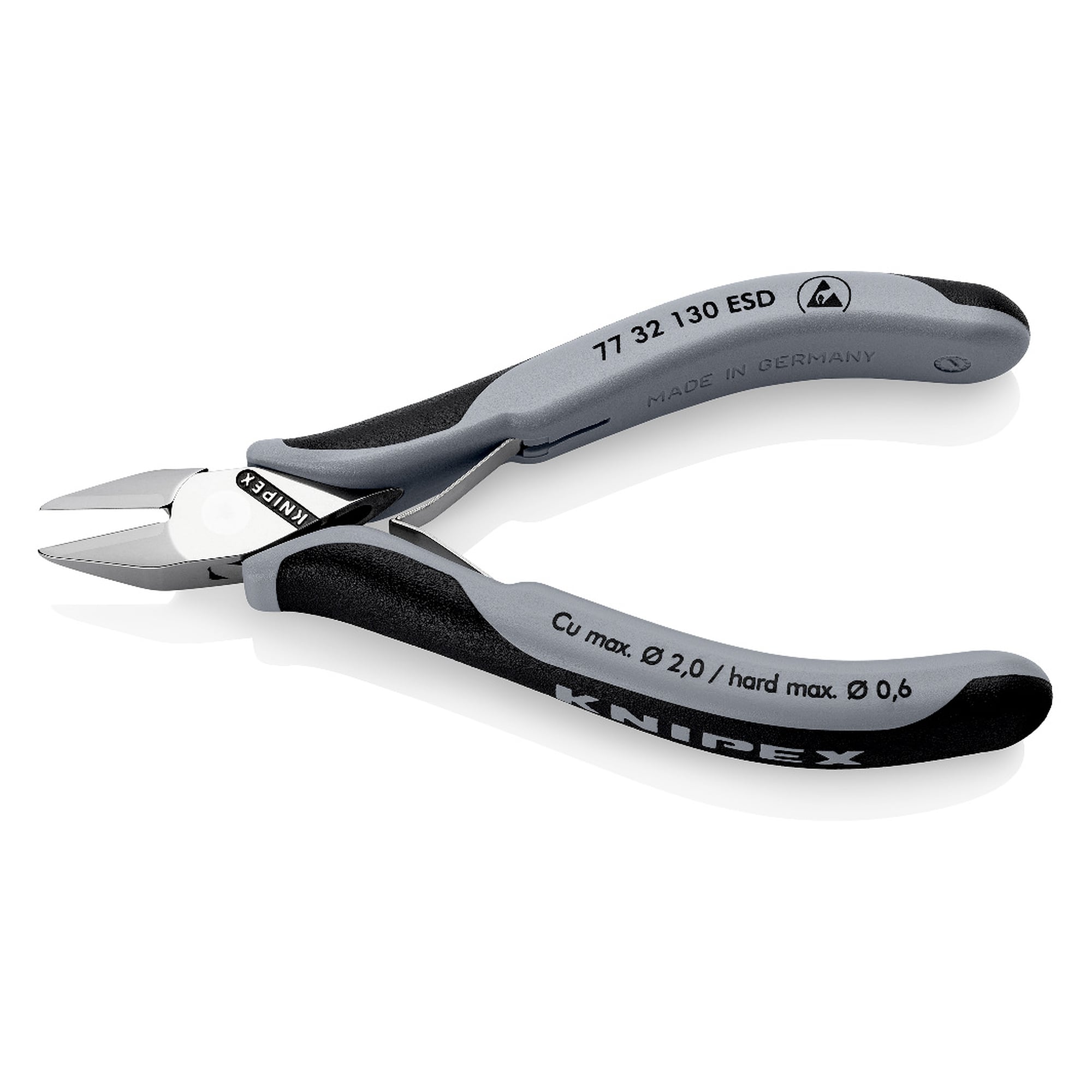 ESD electronics diagonal cutter with pointed head and small bevel, 130 mm