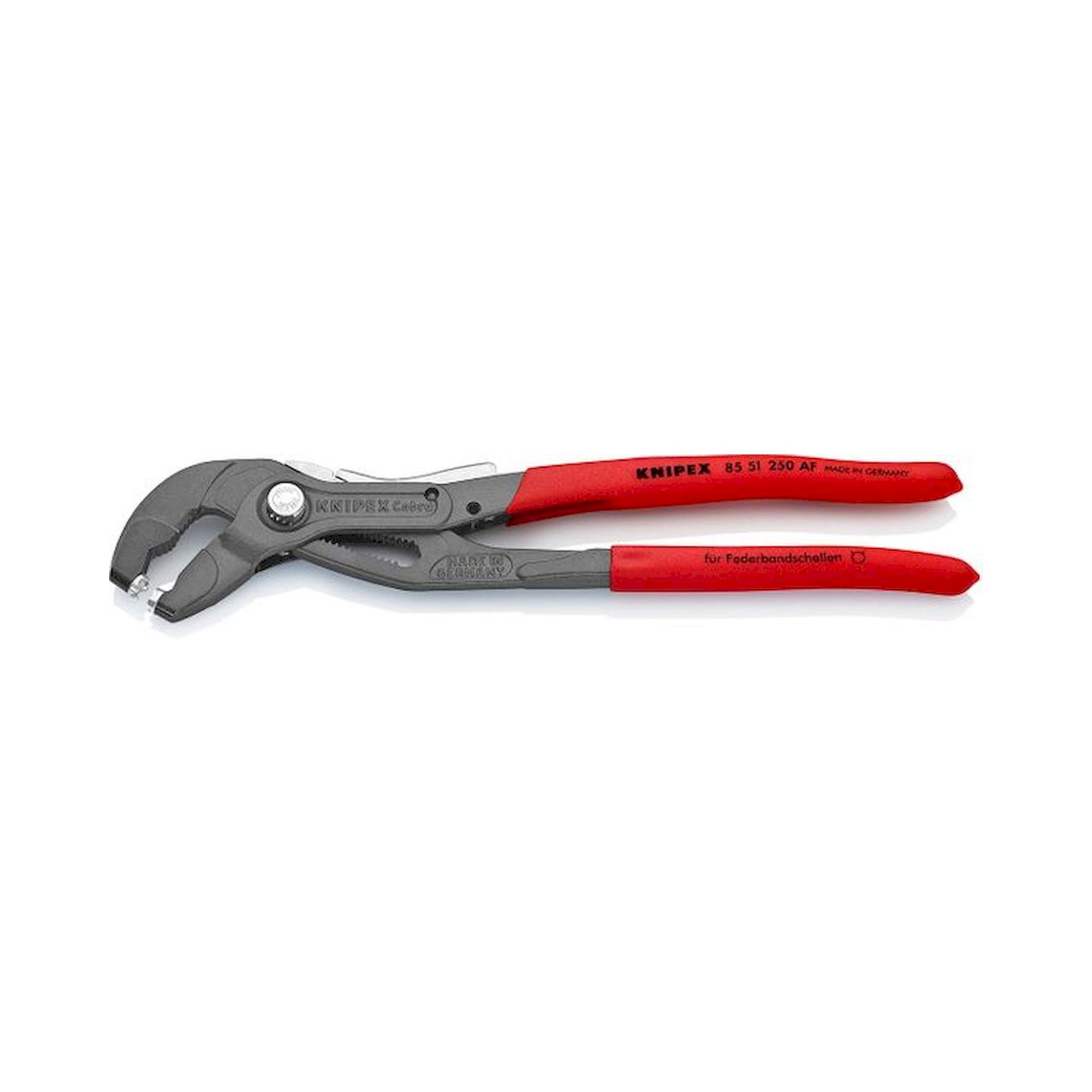 Knipex 85 51 250 AF. Federbandschellenzange mit Feststeller, grau atramentiert, 250 mm