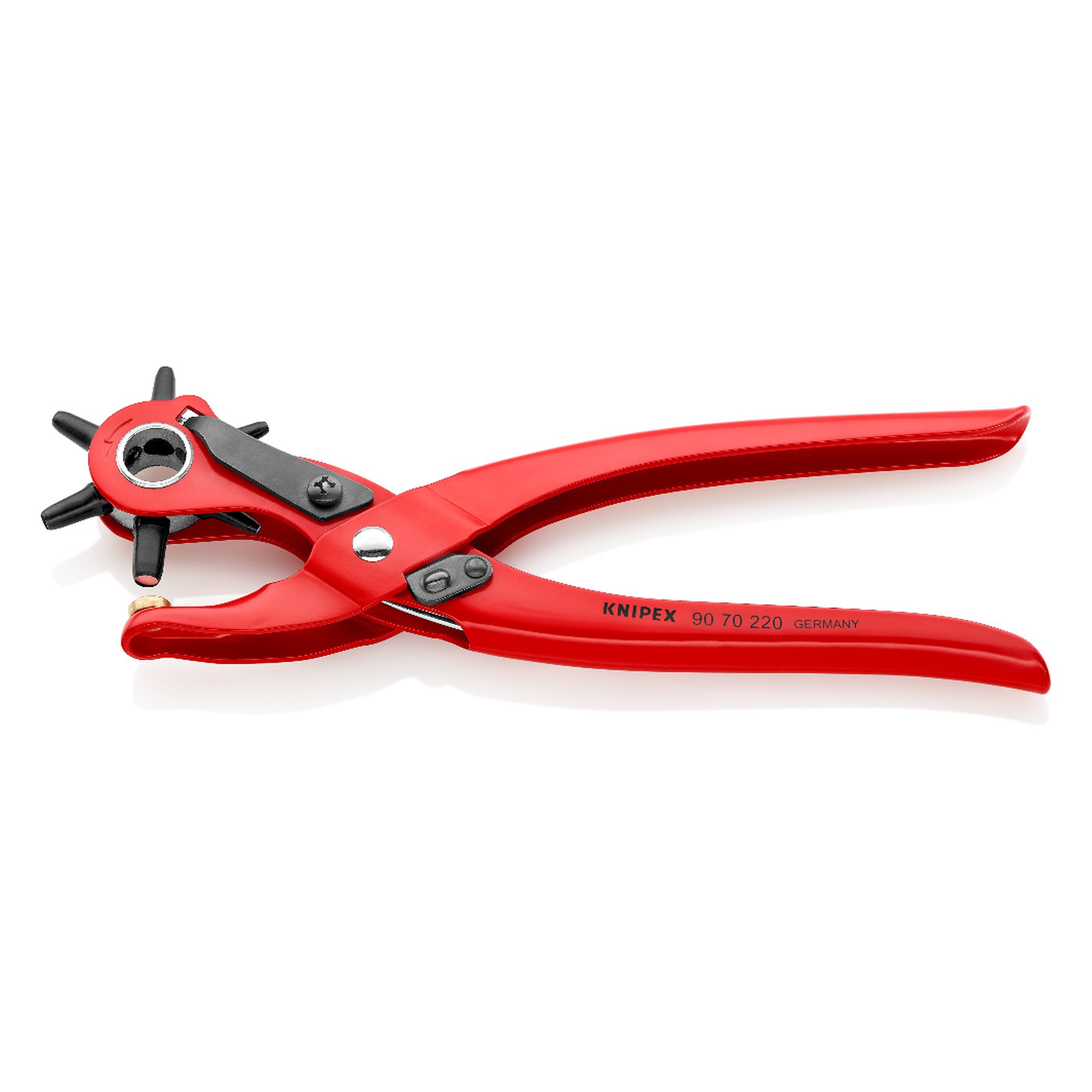 Pince emporte-pièces type revolver à six buses Ø 2,0 à 5,0 mm, revêtement poudre rouge, 220 mm