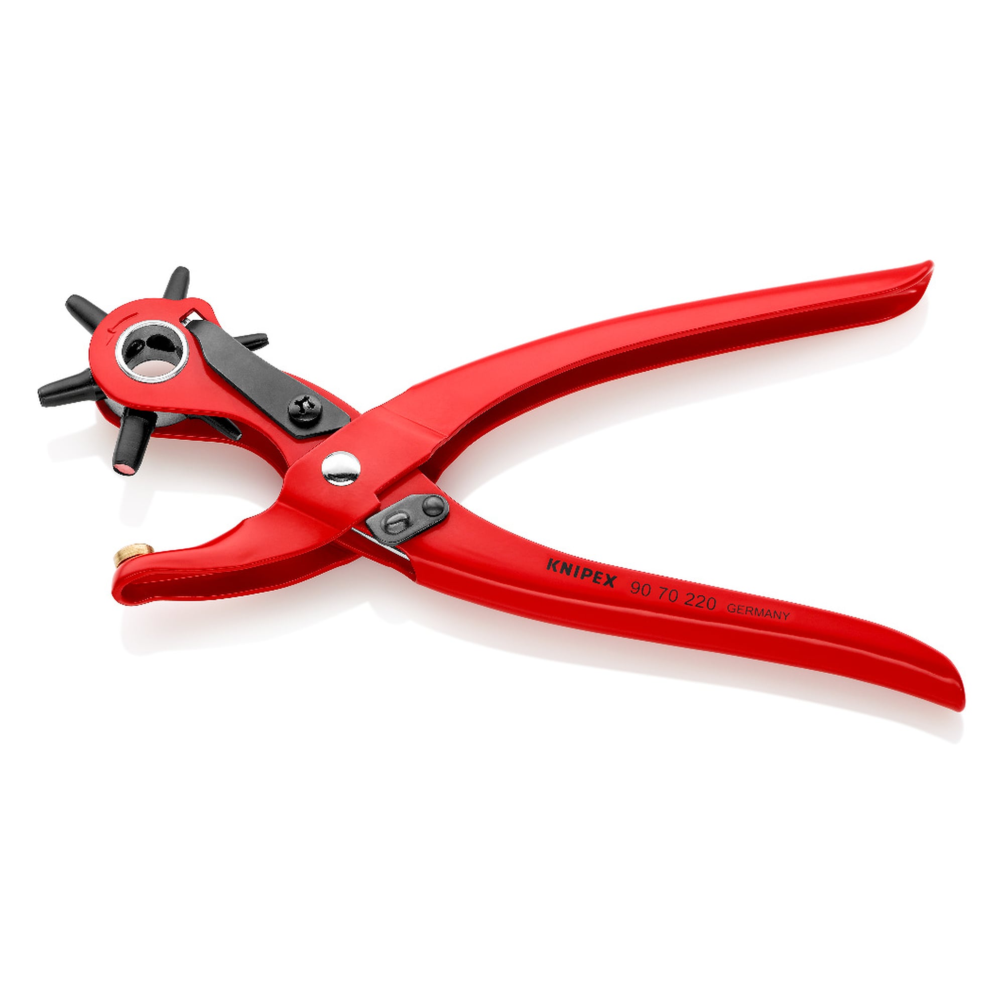 Pince emporte-pièces type revolver à six buses Ø 2,0 à 5,0 mm, revêtement poudre rouge, 220 mm