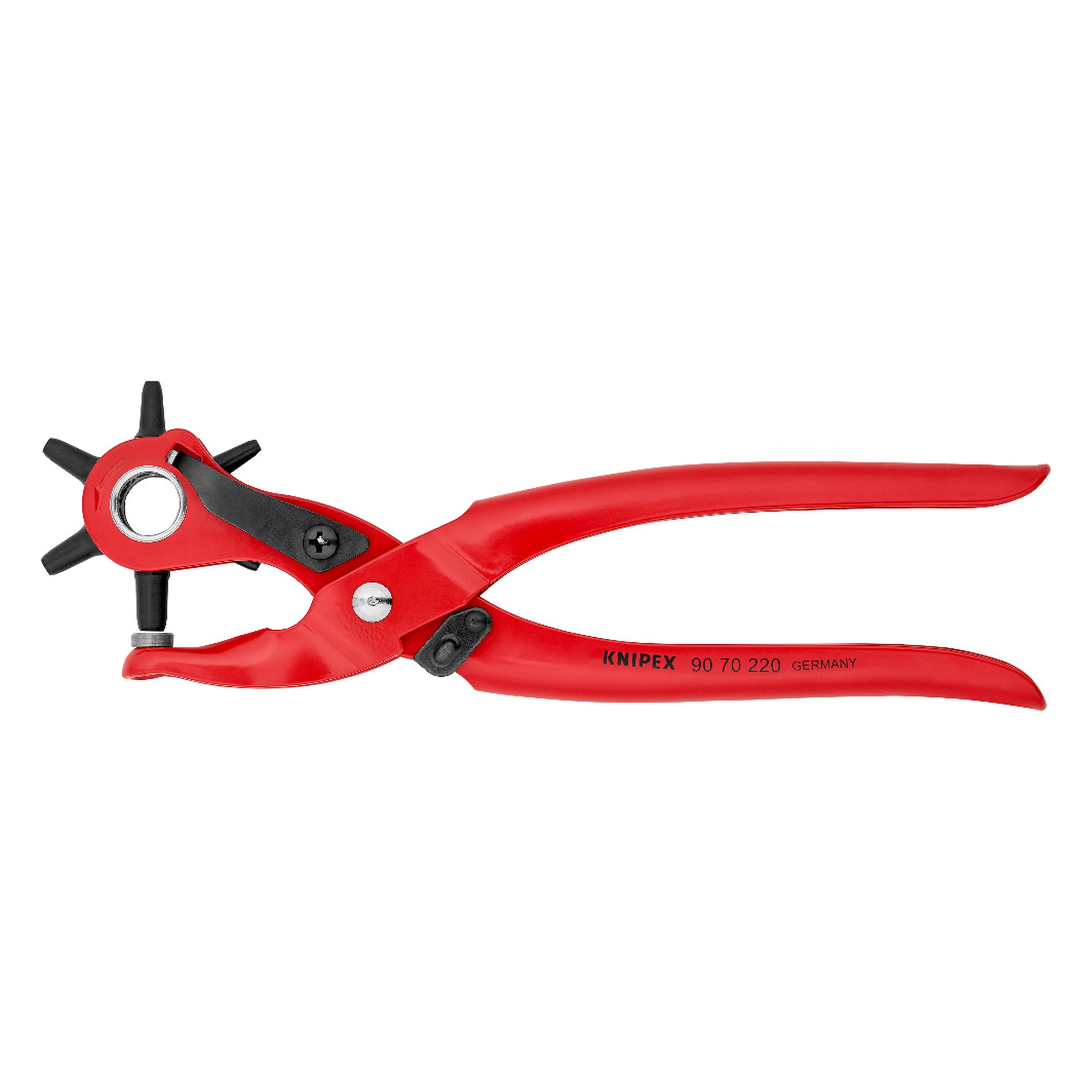 Pince emporte-pièces type revolver à six buses Ø 2,0 à 5,0 mm, revêtement poudre rouge, 220 mm