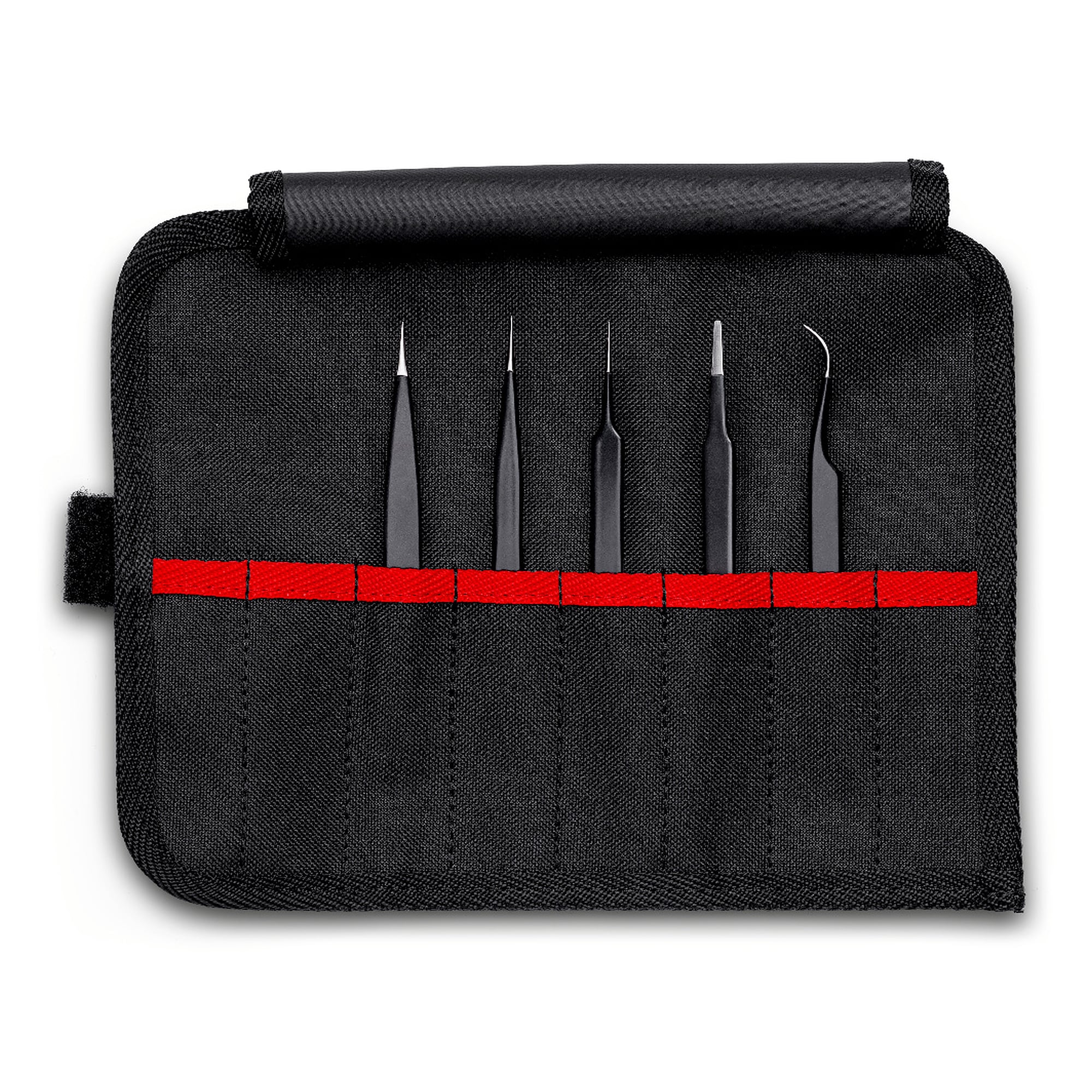 Universal tweezers set ESD, 5 pieces, to DIN EN 61340-5-1, in a tool roll with 7 compartments