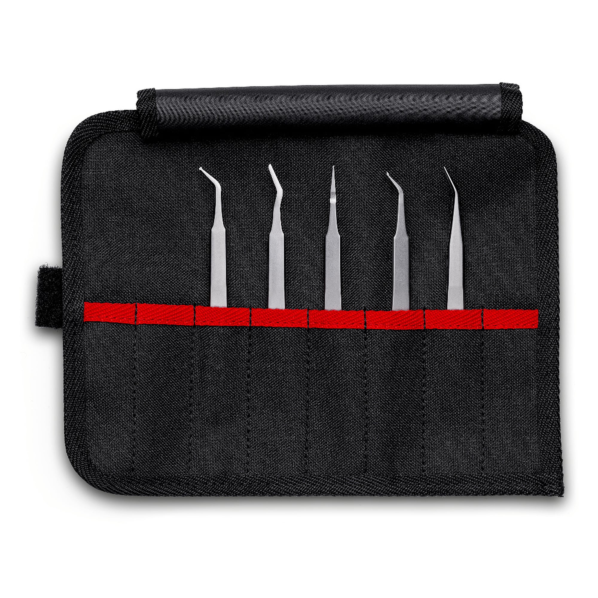 SMD tweezers set, 5 pieces, for handling small components, in a tool roll with 7 compartments