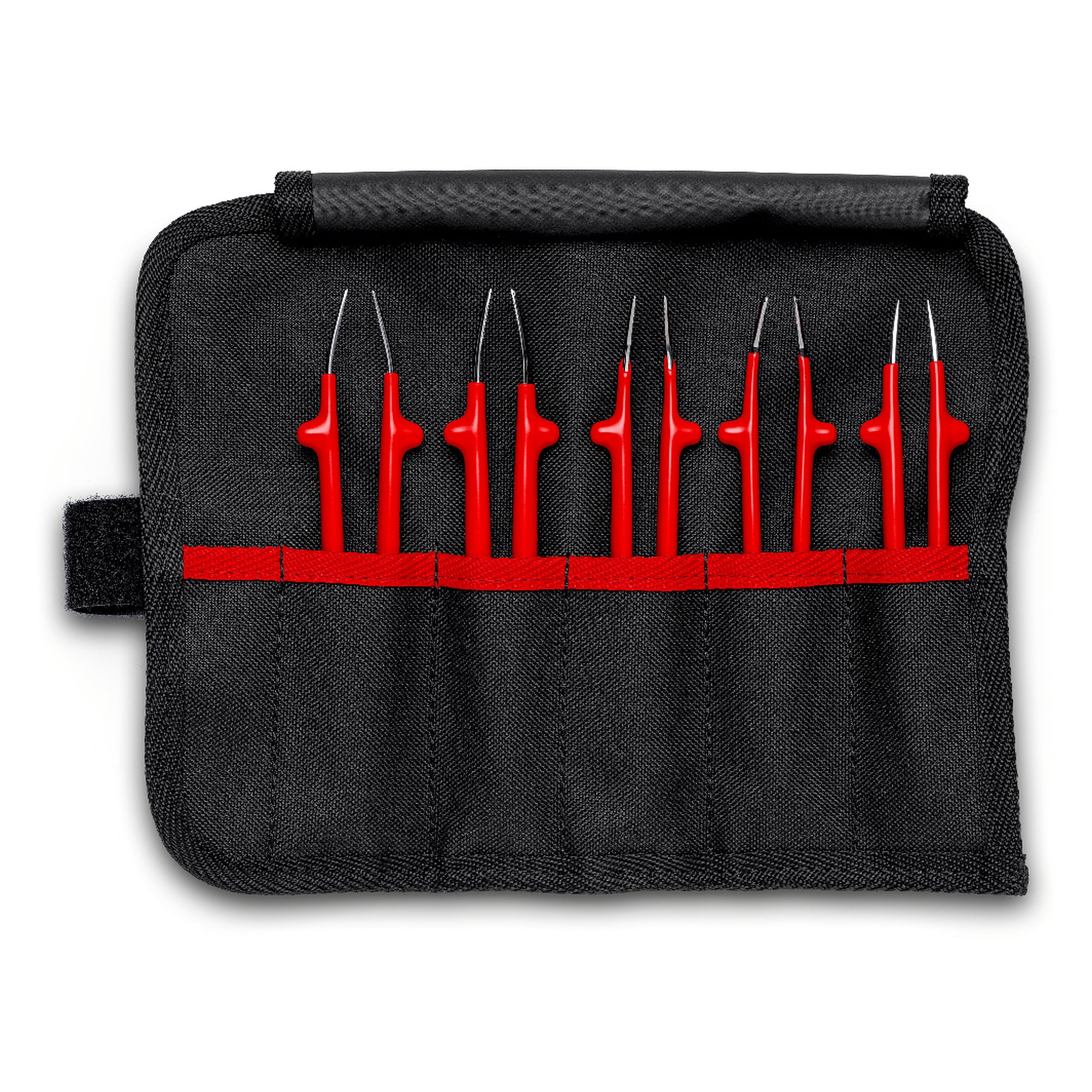 Universal tweezers set insulated, 5 pieces, to IEC 60900, in a tool roll with 5 compartments