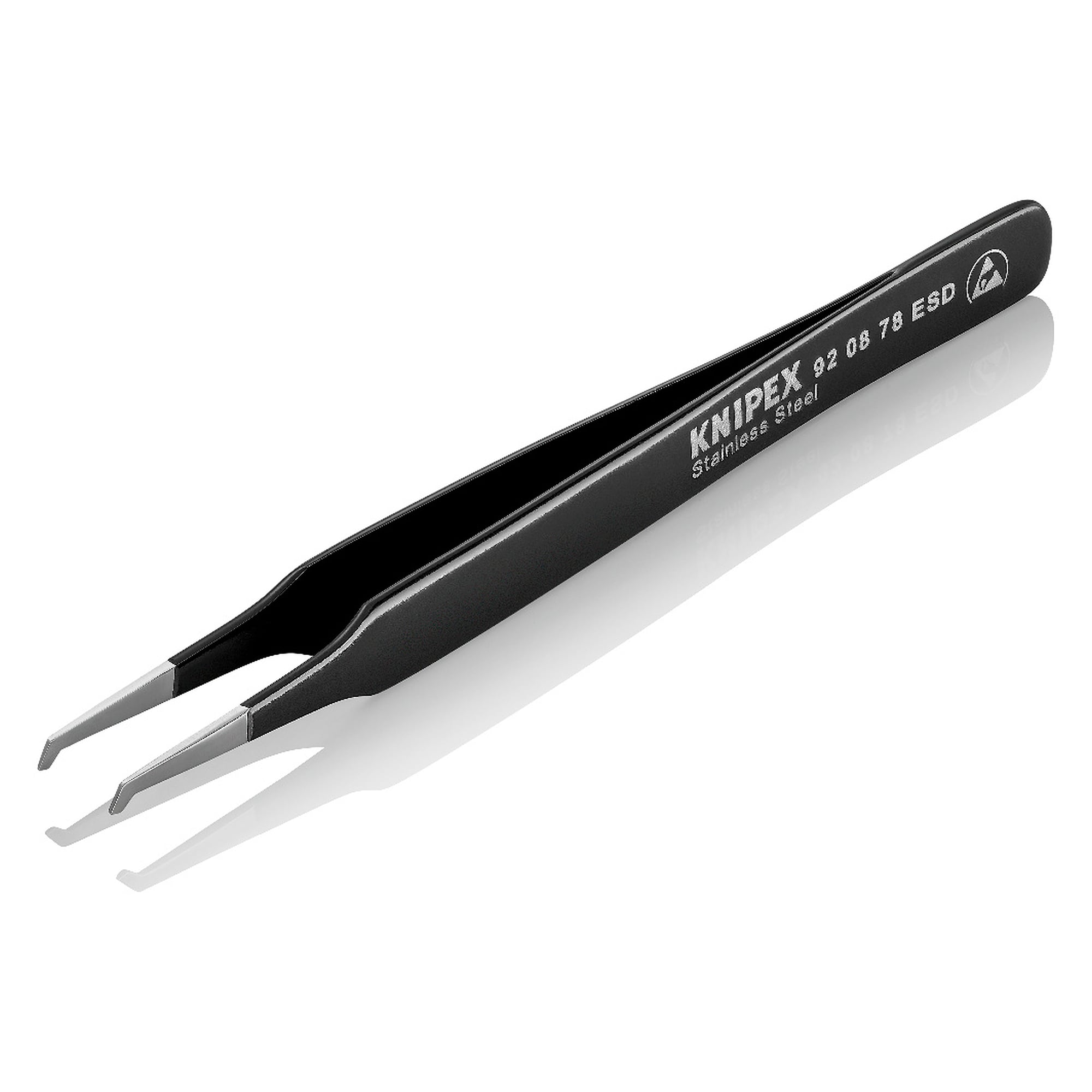 SMD precision tweezers ESD, tips angled 45°, stainless steel, 118 mm