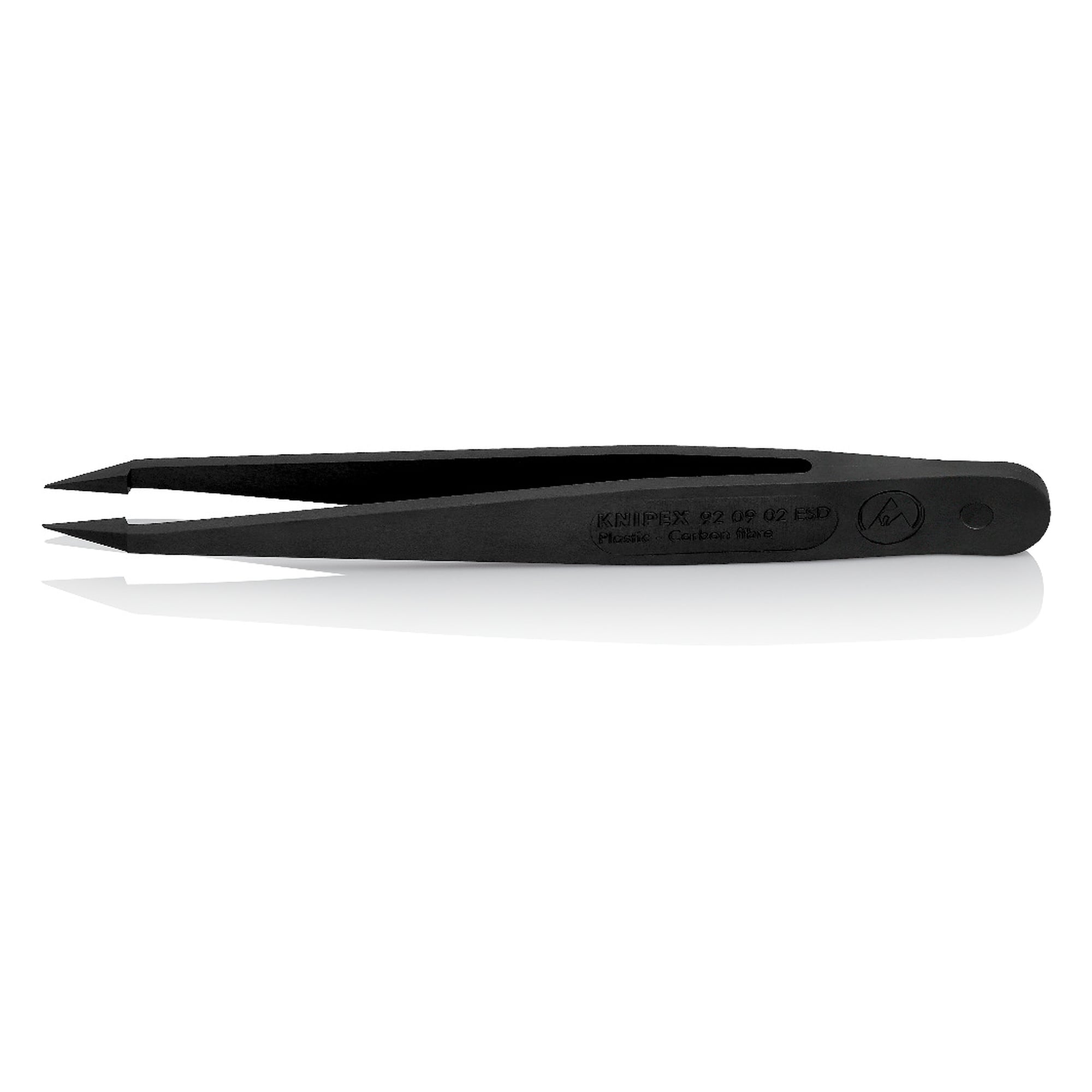 Brucelles en plastique ESD droites, pointes aiguilles 0,3 mm, fibres de carbone, 115 mm