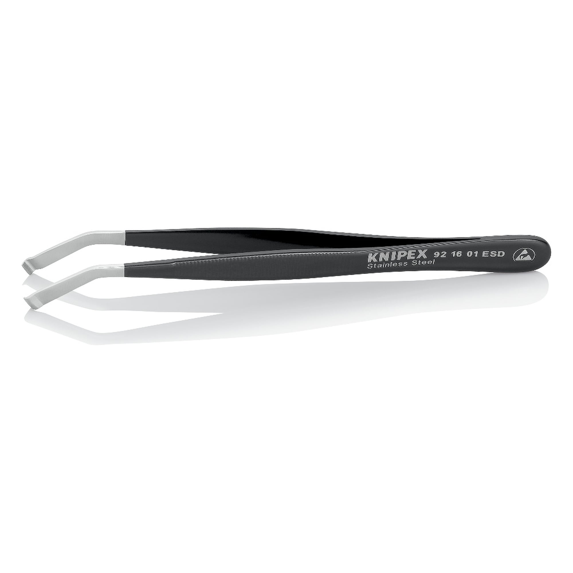 ESD positioning tweezers, angled 35 degrees, 1.5 mm tip width, dissipative stainless steel, 120 mm