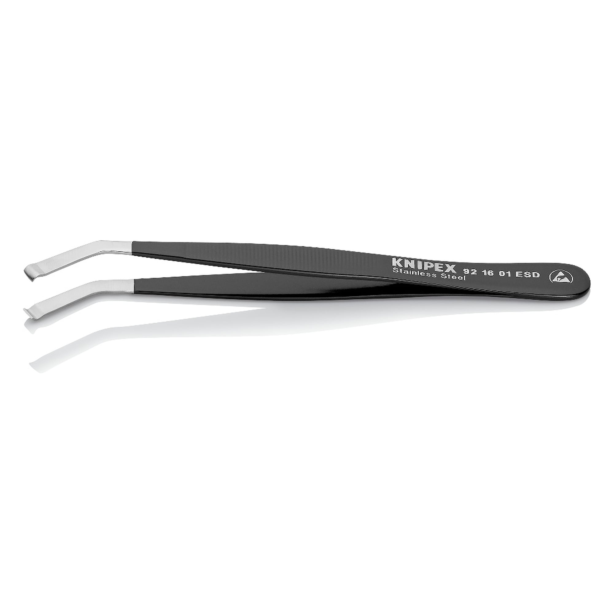 ESD positioning tweezers, angled 35 degrees, 1.5 mm tip width, dissipative stainless steel, 120 mm