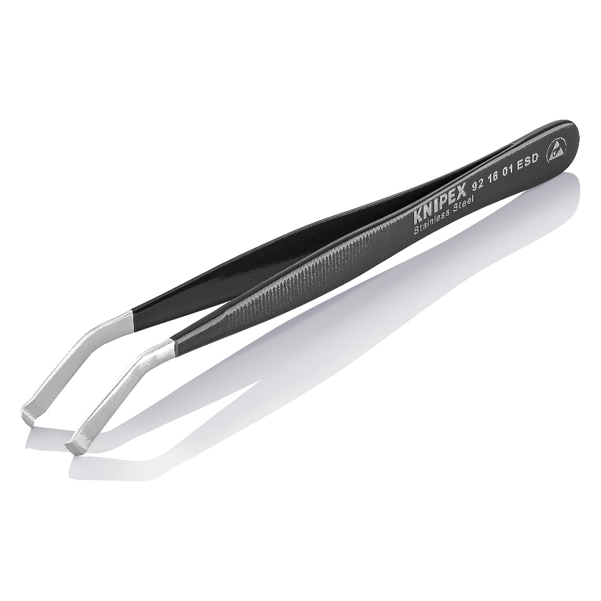 ESD positioning tweezers, angled 35 degrees, 1.5 mm tip width, dissipative stainless steel, 120 mm