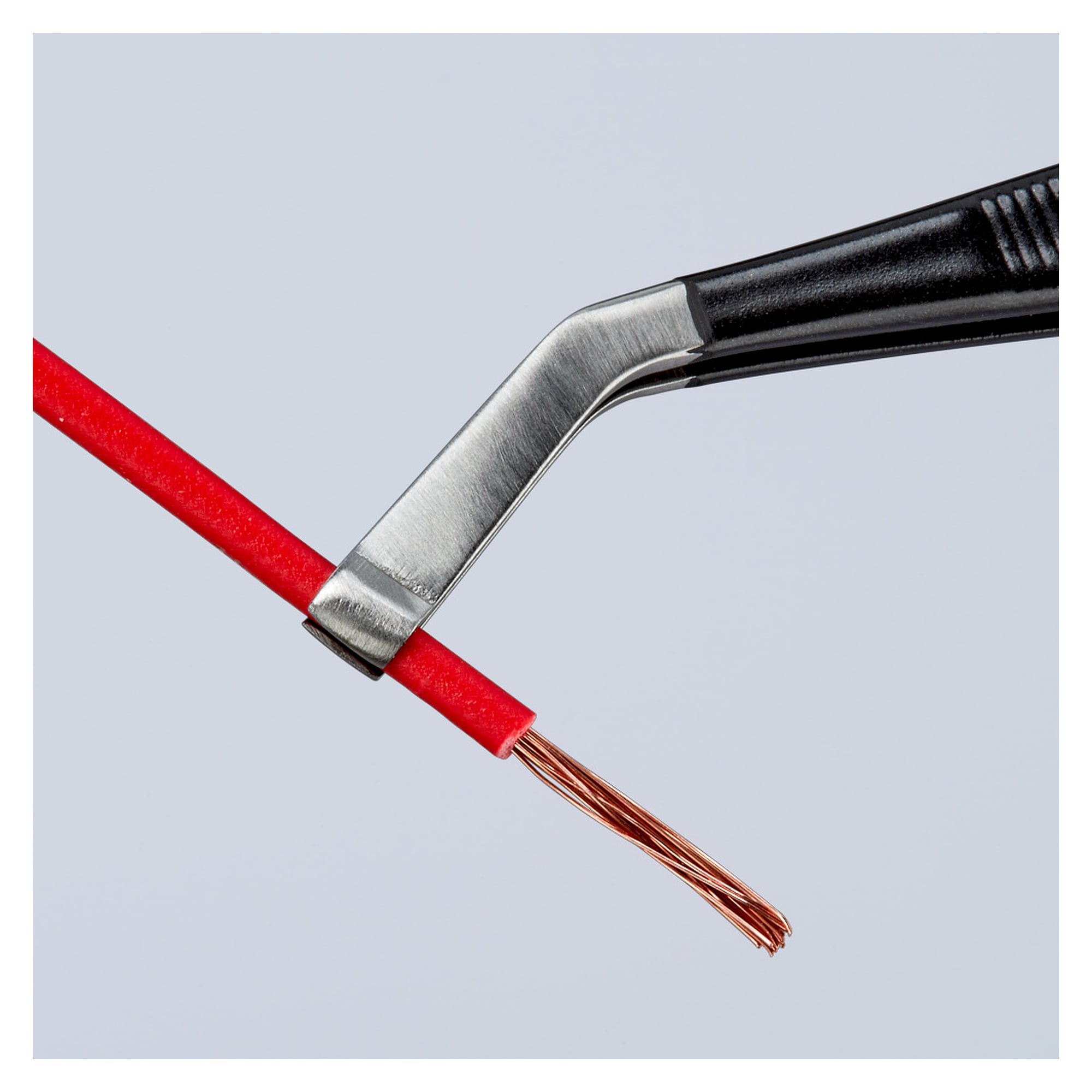 ESD positioning tweezers, angled 35 degrees, 1.5 mm tip width, dissipative stainless steel, 120 mm