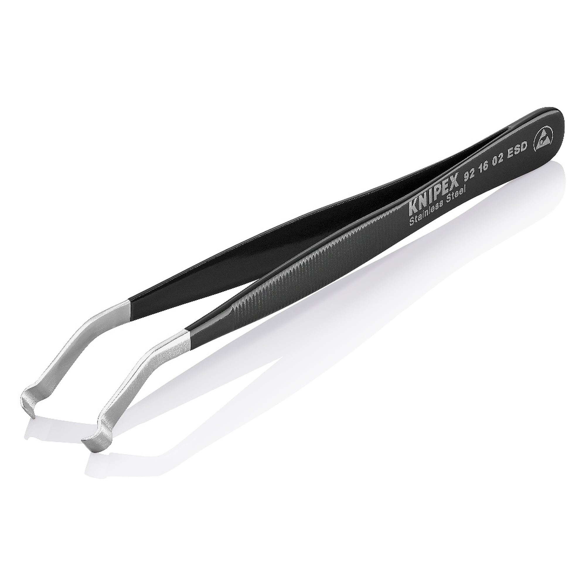 ESD Positionierpinzette gewinkelt 35 Grad, feine Spitze 0,6 mm, Edelstahl ableitend, 120 mm