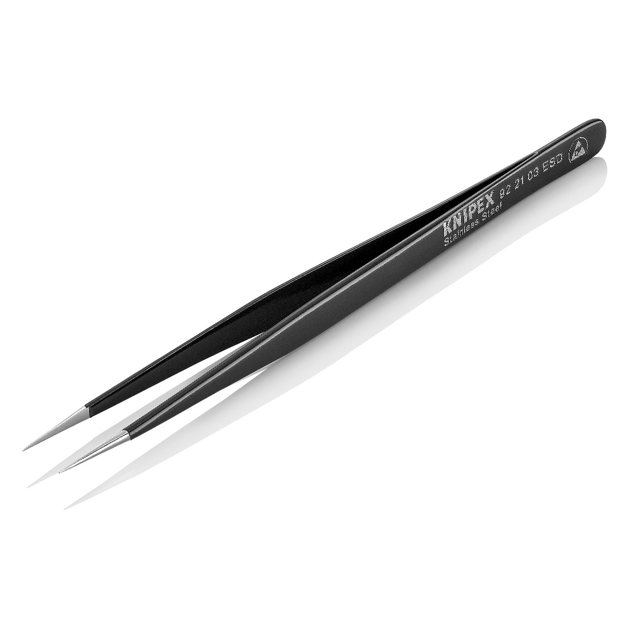 Brucelles universelles ESD droites, pointe aiguille 0,2 mm, acier inoxydable, 140 mm