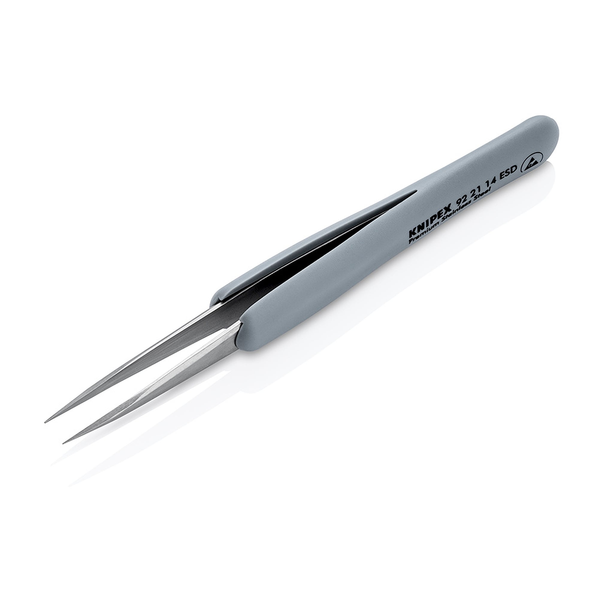 ESD precision tweezers with rubber-coated handle, straight, pointed, tip width 0.5 mm, 130 mm