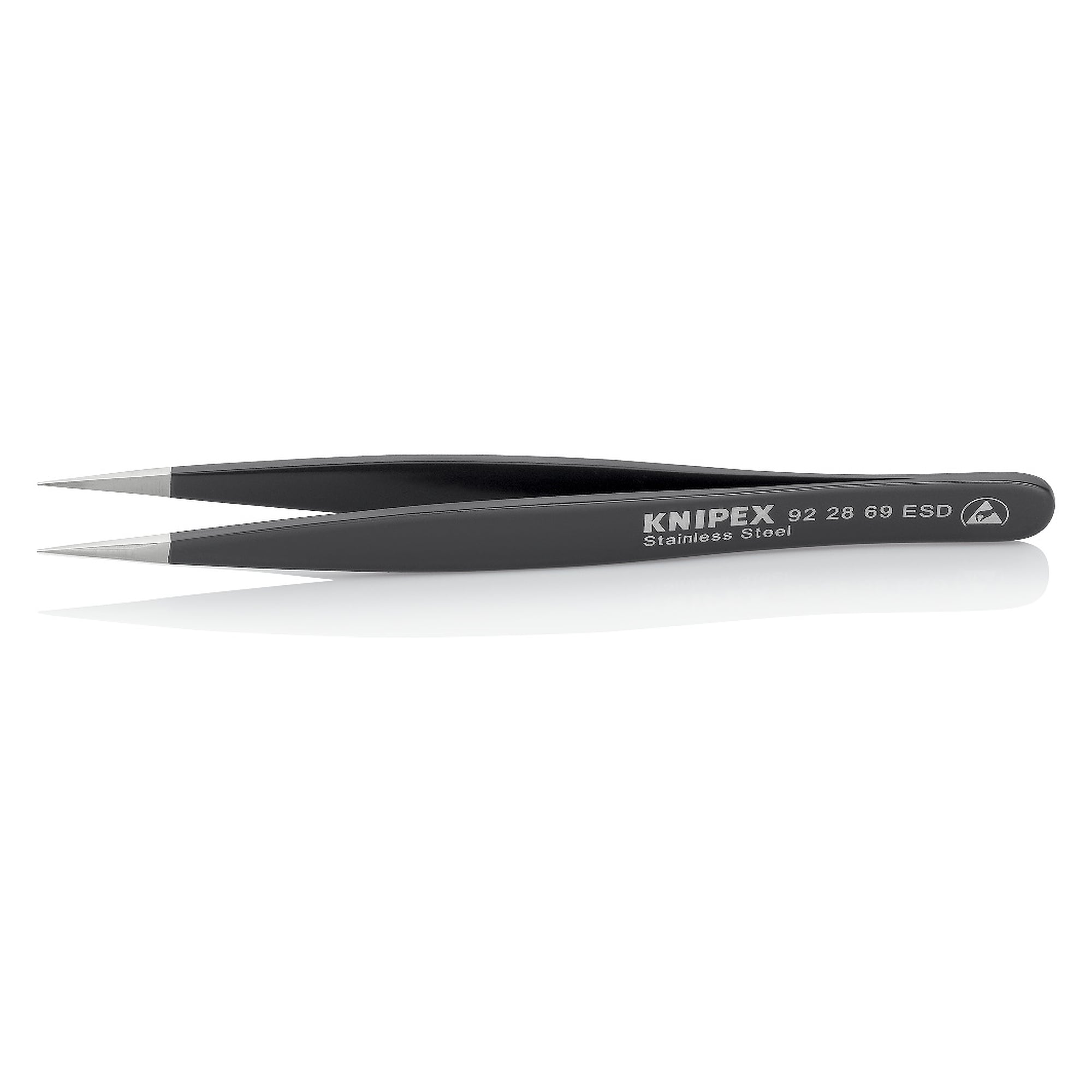 ESD universal tweezers, needle-pointed and straight, stainless steel, tip width 0.25 mm, 120 mm