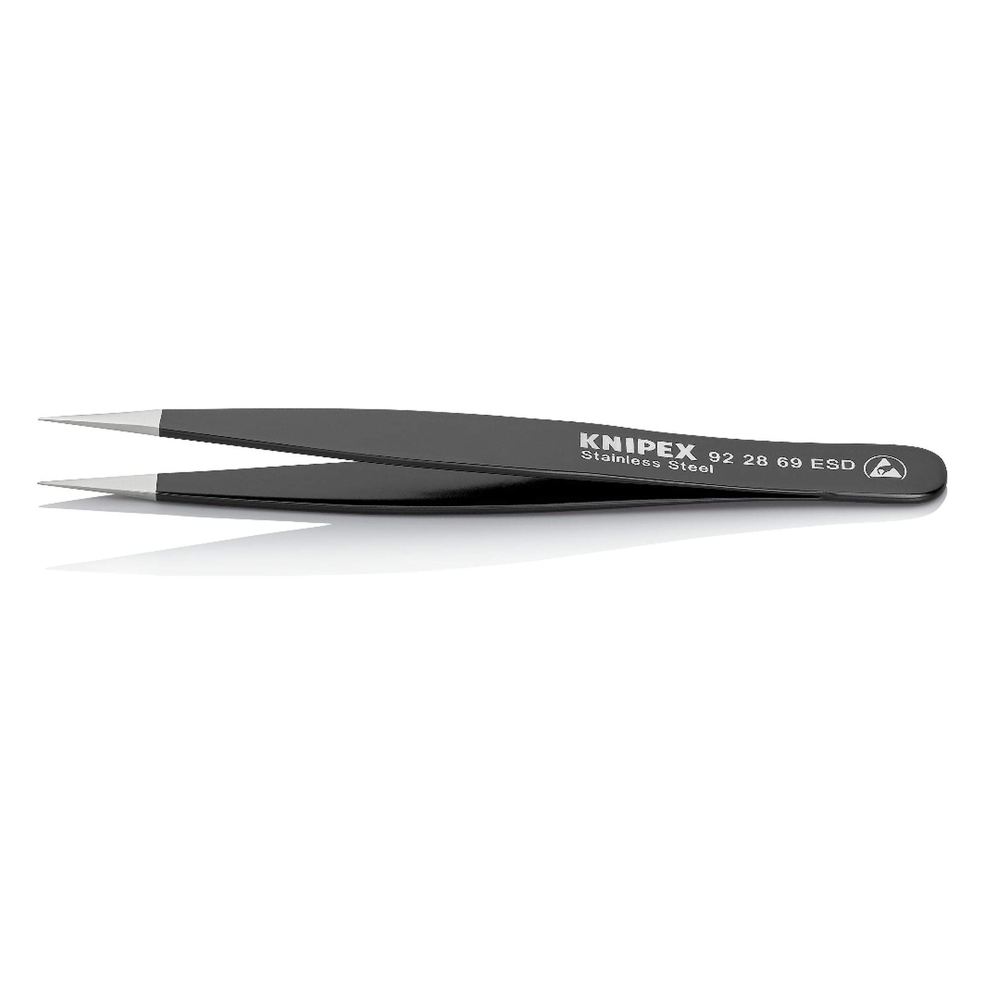 ESD universal tweezers, needle-pointed and straight, stainless steel, tip width 0.25 mm, 120 mm