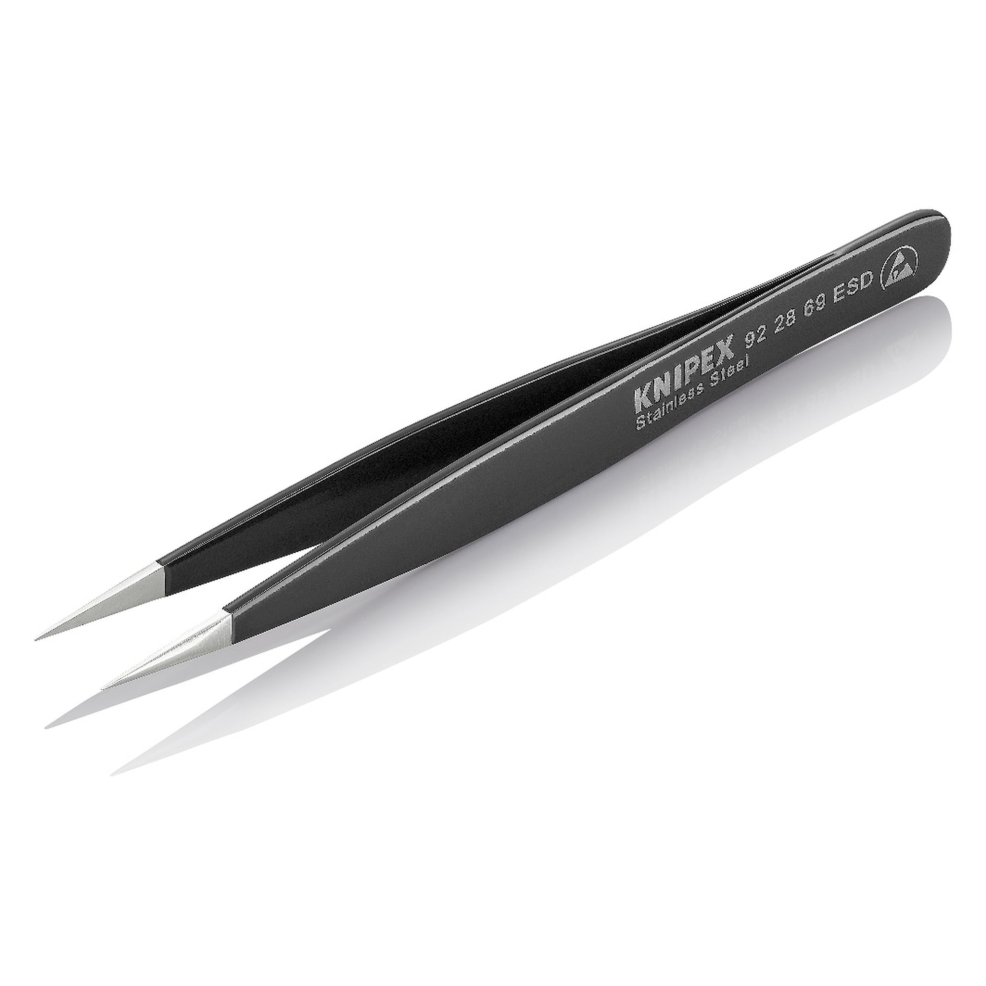 ESD universal tweezers, needle-pointed and straight, stainless steel, tip width 0.25 mm, 120 mm