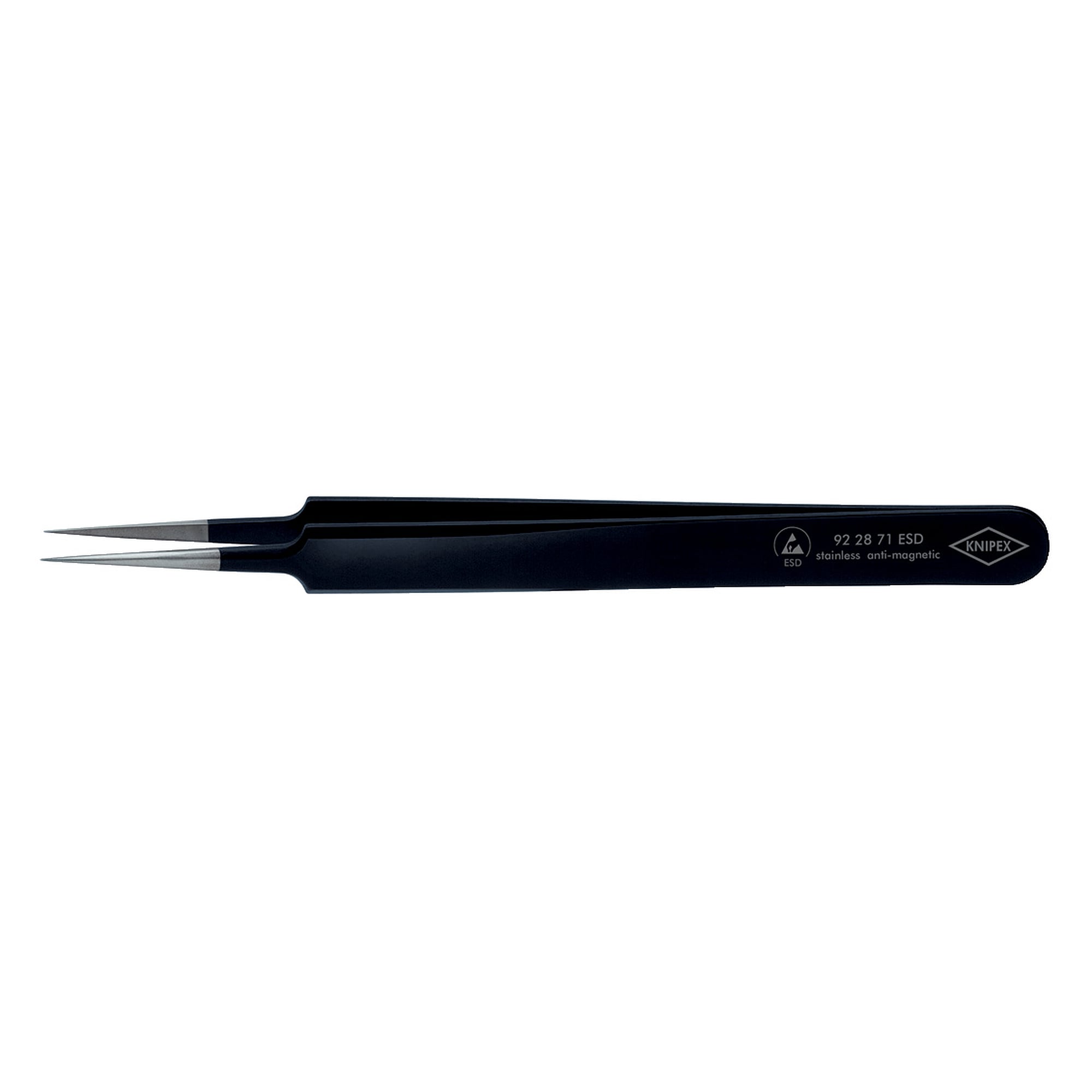Brucelles universelles ESD droites, pointes aiguilles 0,2 mm, acier inoxydable, 110 mm