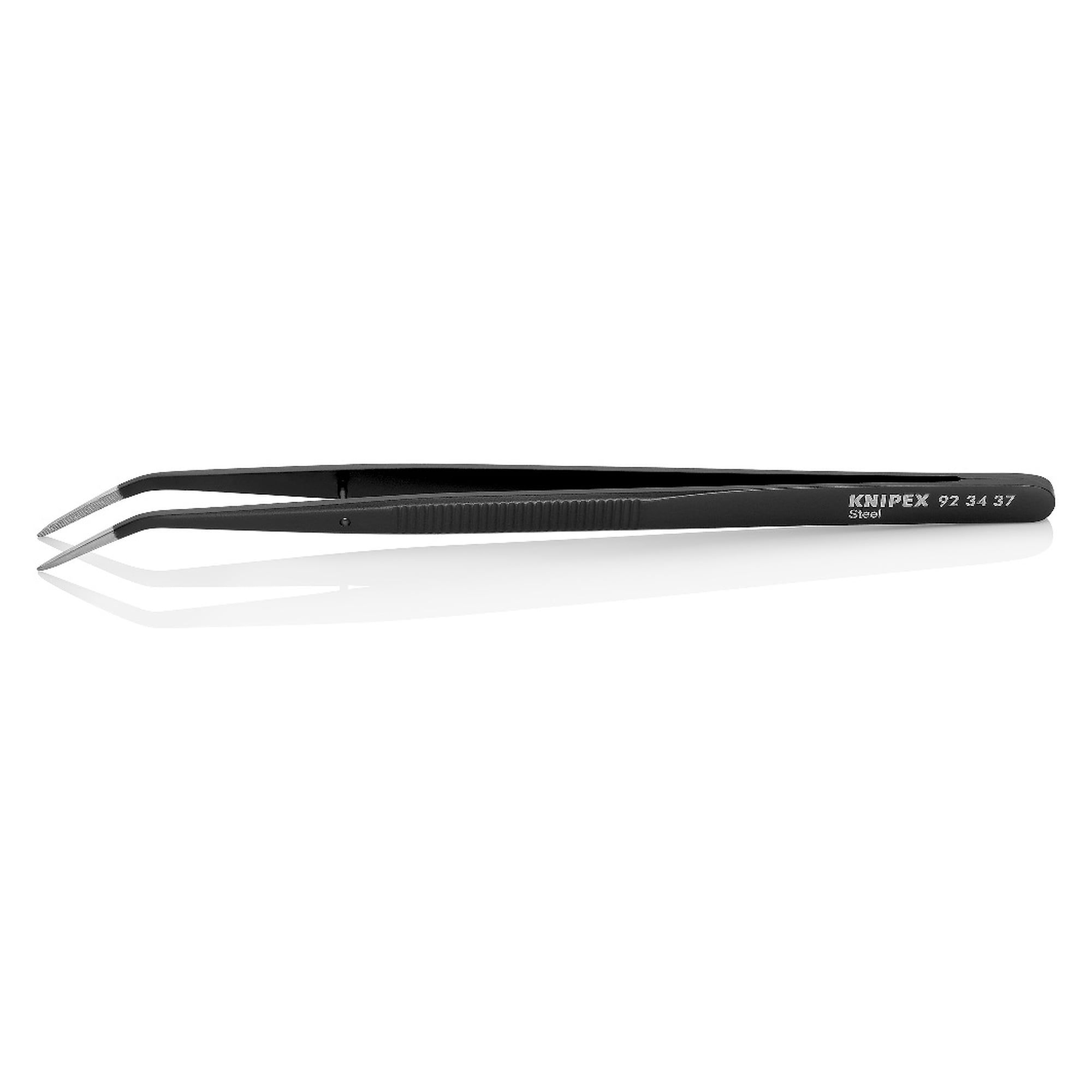 Präzisionsfeinmechanikpinzette gewinkelt 25°, schwarz lackierter Stahl, spitz 0,8 mm, 155 mm