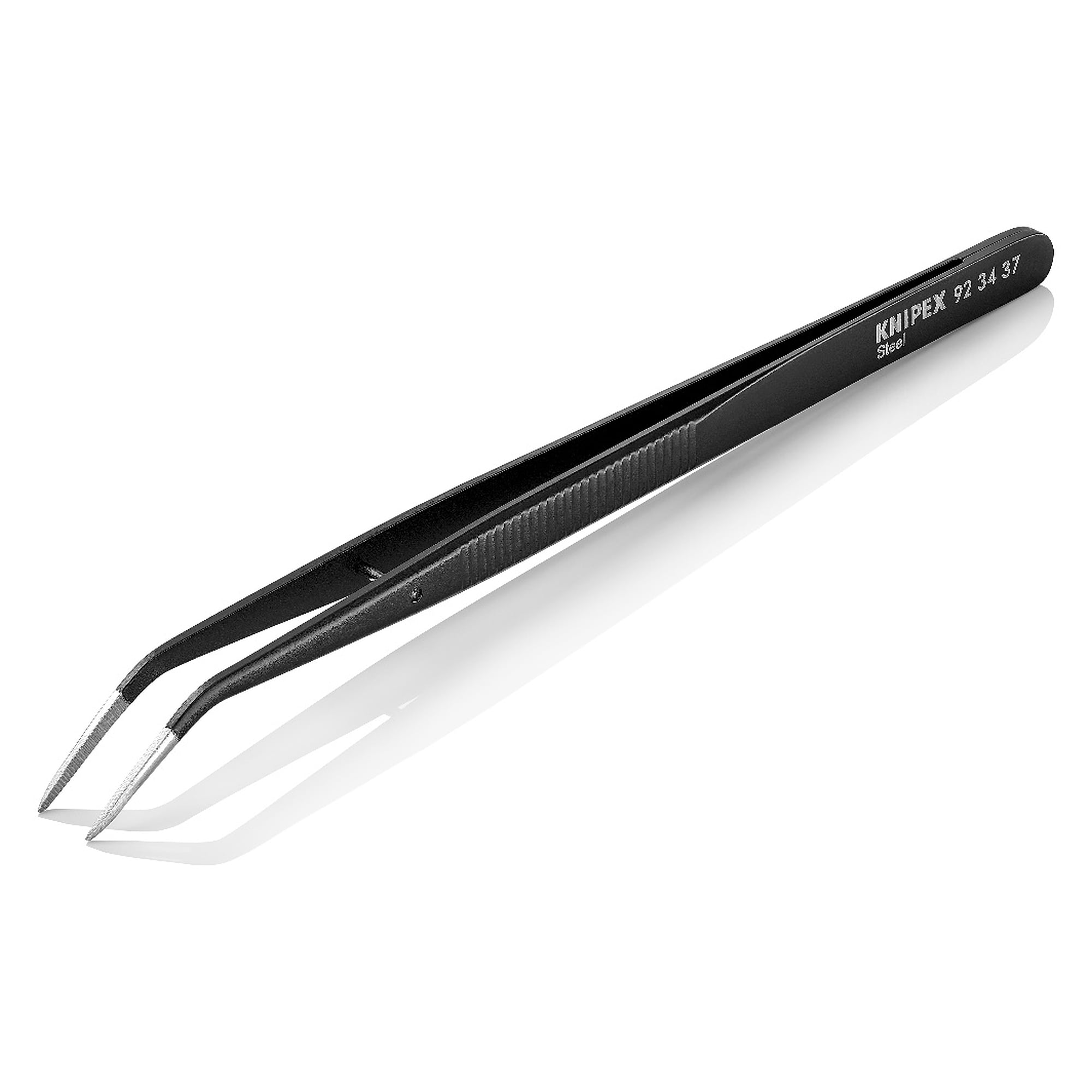 Präzisionsfeinmechanikpinzette gewinkelt 25°, schwarz lackierter Stahl, spitz 0,8 mm, 155 mm