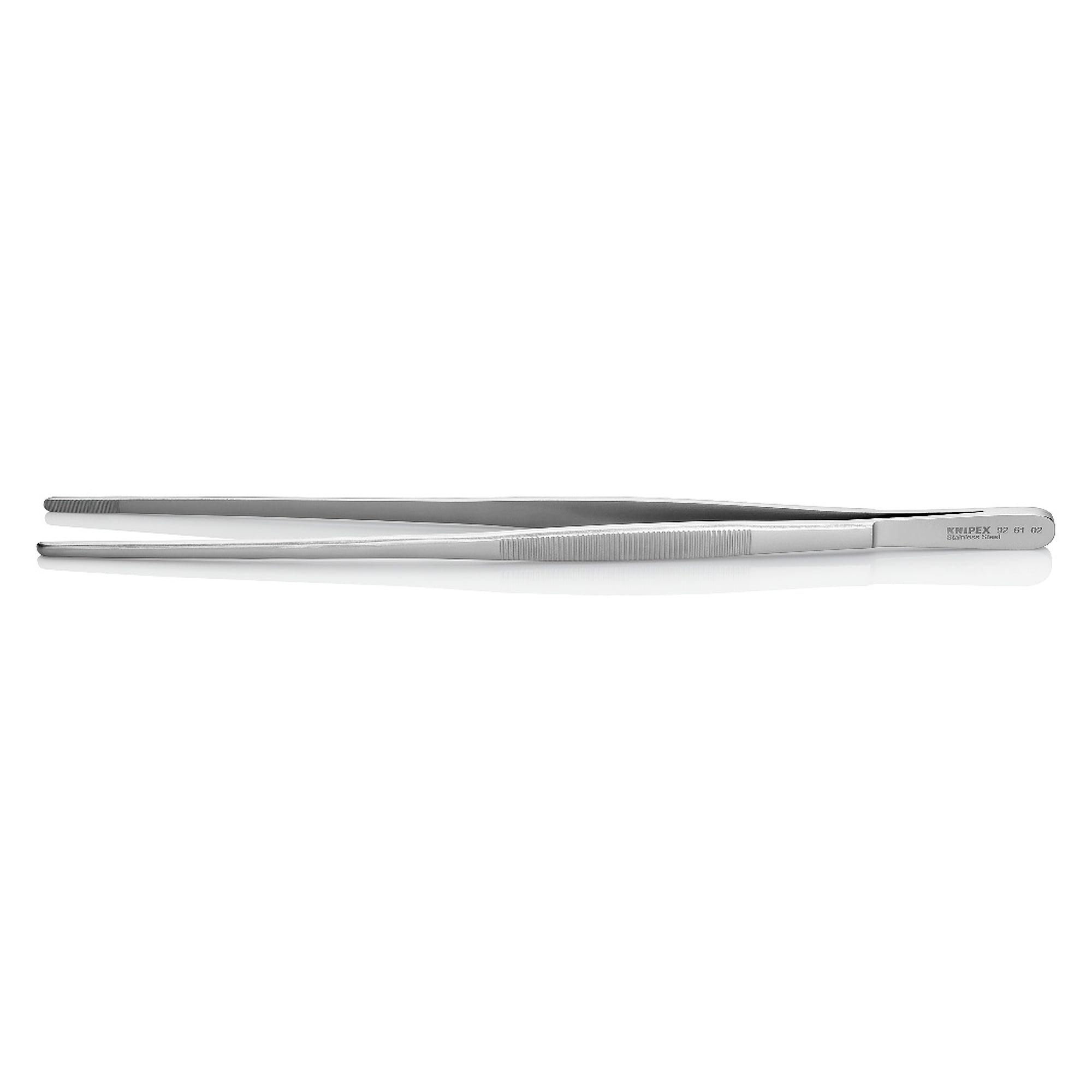 Universal tweezers straight with blunt tips, serrated gripping surfaces, stainless steel, 300 mm