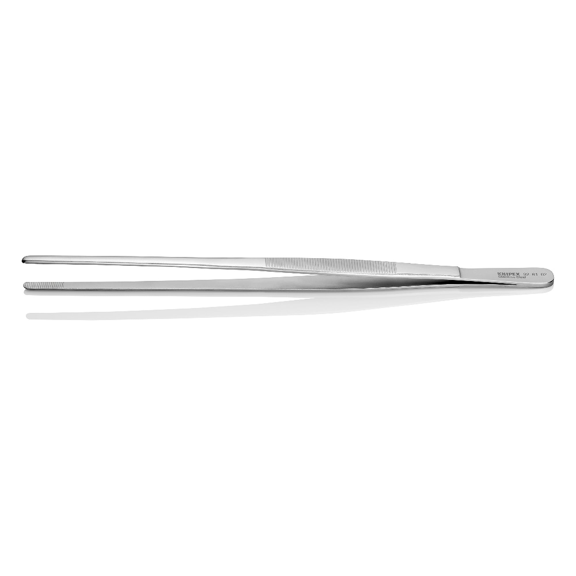 Universal tweezers straight with blunt tips, serrated gripping surfaces, stainless steel, 300 mm