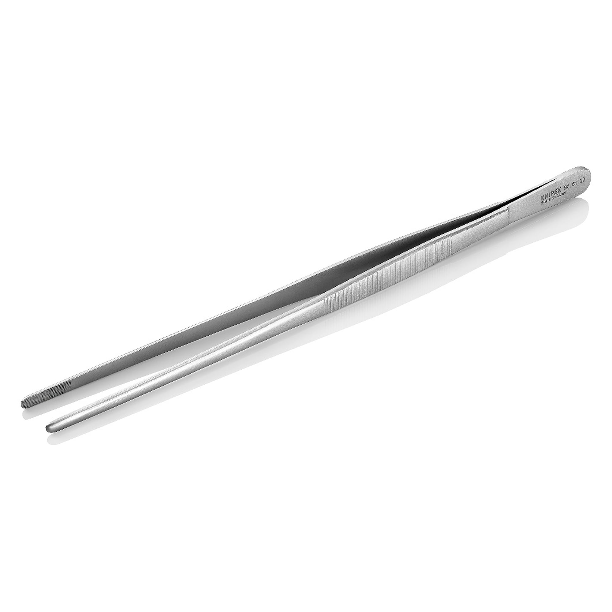 Universal tweezers straight with blunt tips, serrated gripping surfaces, stainless steel, 300 mm