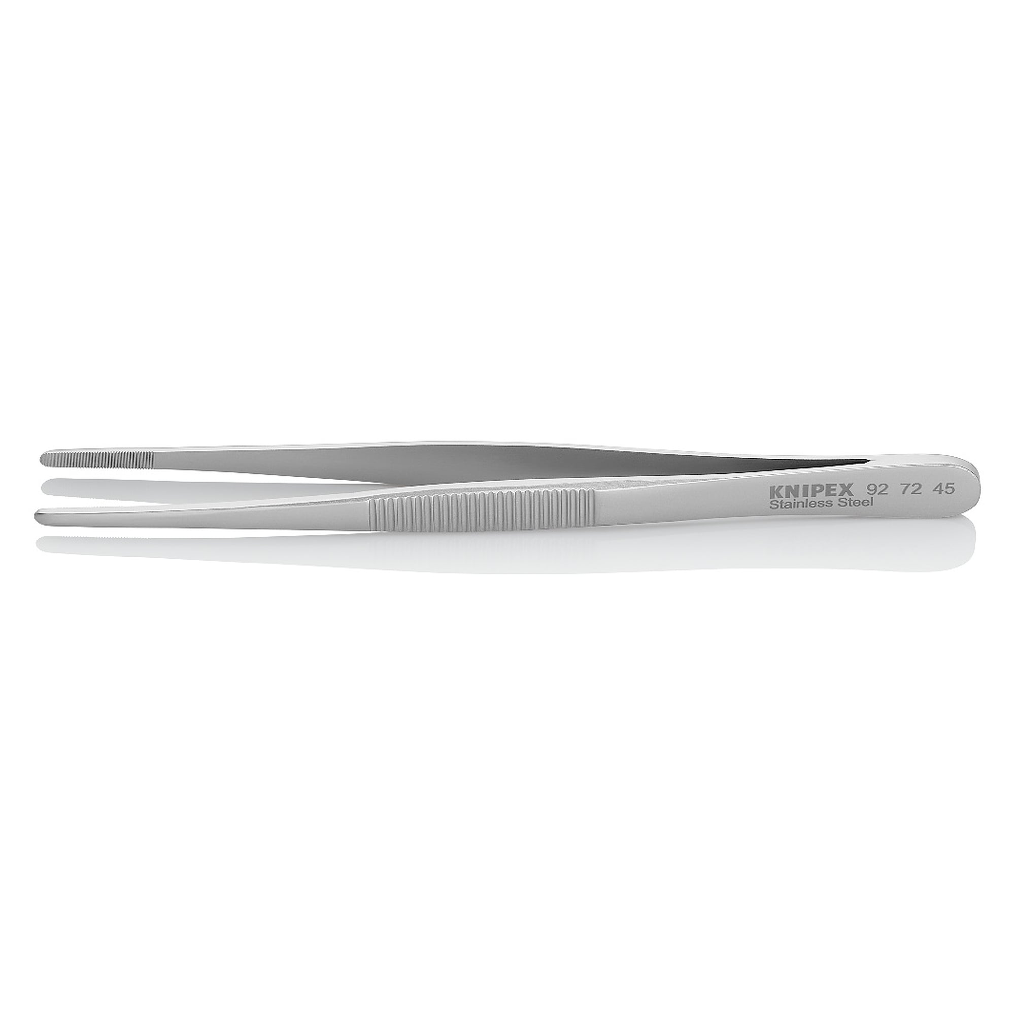 Brucelles universelles droites, pointes émoussées 1,3 mm, mors dentelés, acier inoxydable, 145 mm