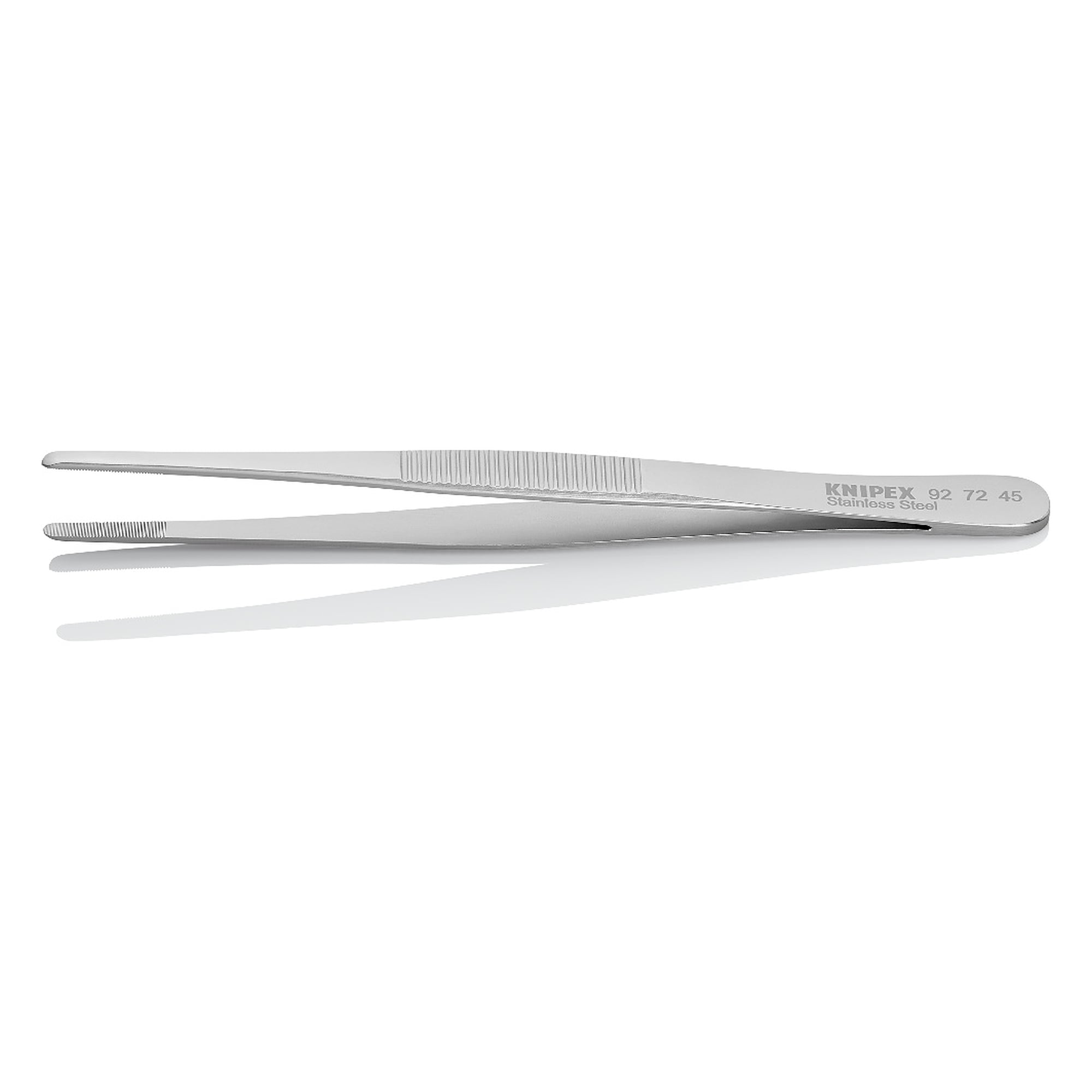 Brucelles universelles droites, pointes émoussées 1,3 mm, mors dentelés, acier inoxydable, 145 mm