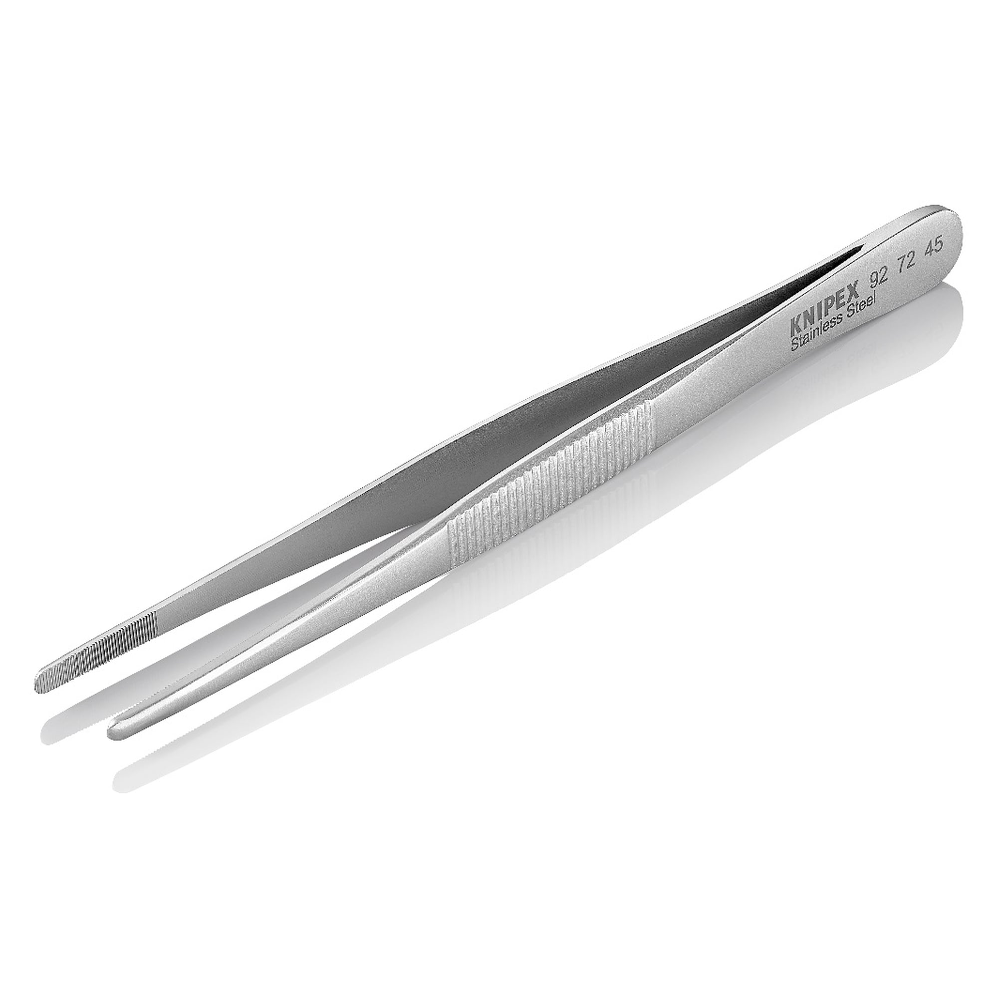 Brucelles universelles droites, pointes émoussées 1,3 mm, mors dentelés, acier inoxydable, 145 mm