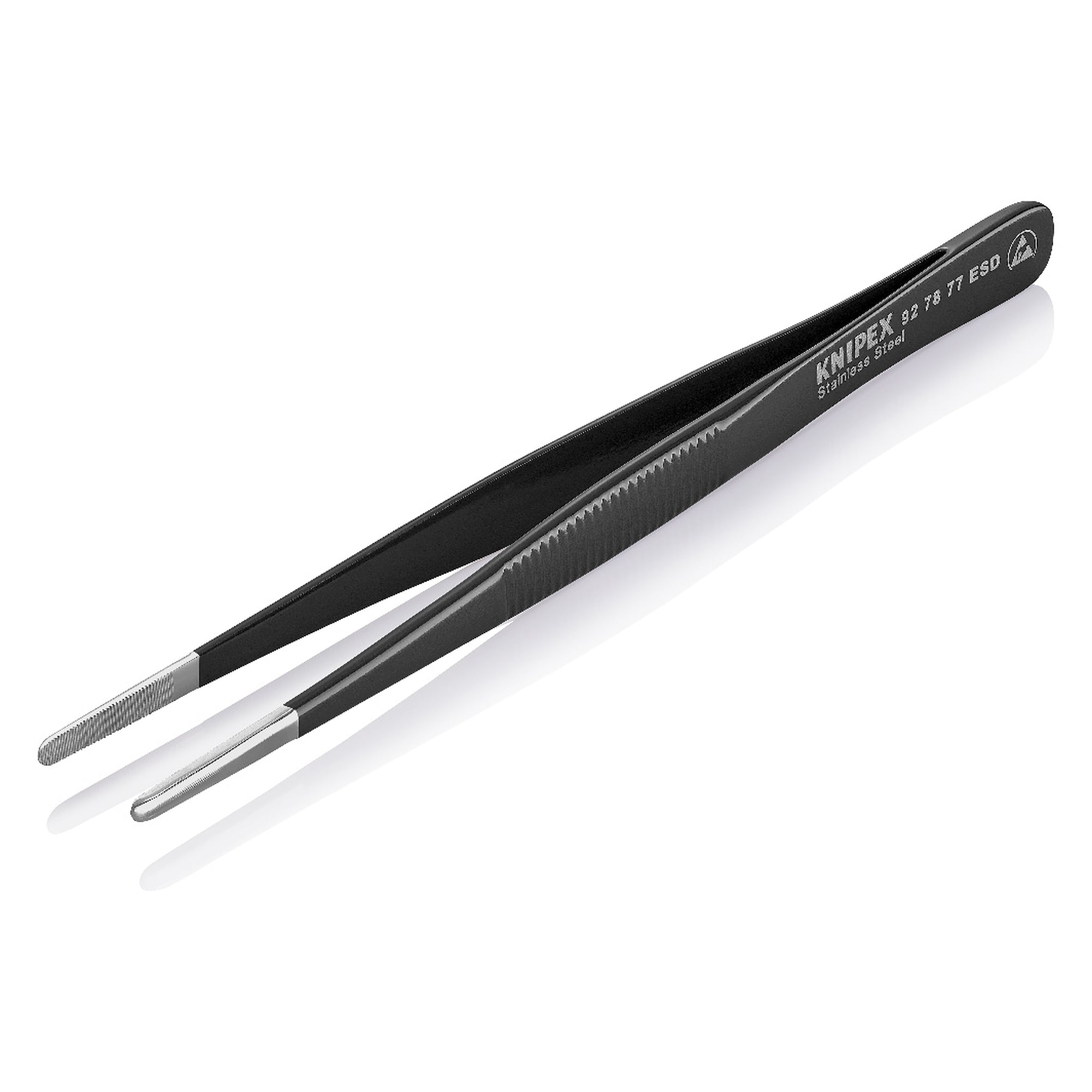 Brucelles universelles ESD droites, pointes émoussées 1,3 mm, revêtement époxy dissipatif, 145 mm