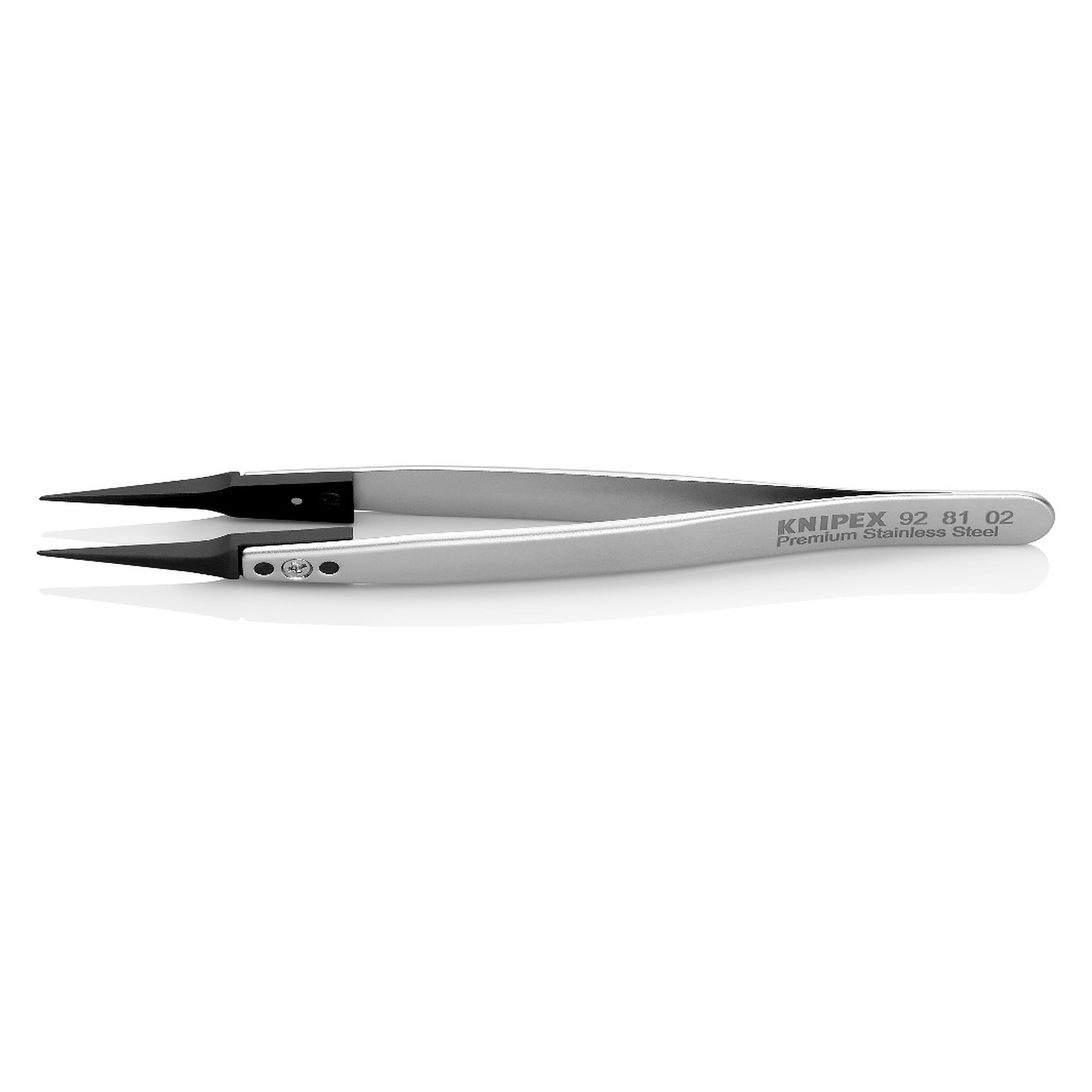 ESD Pinzette mit Wechselspitzen gerade, spitze Spitze 0,6 mm breit, Premium-Edelstahl, 130 mm