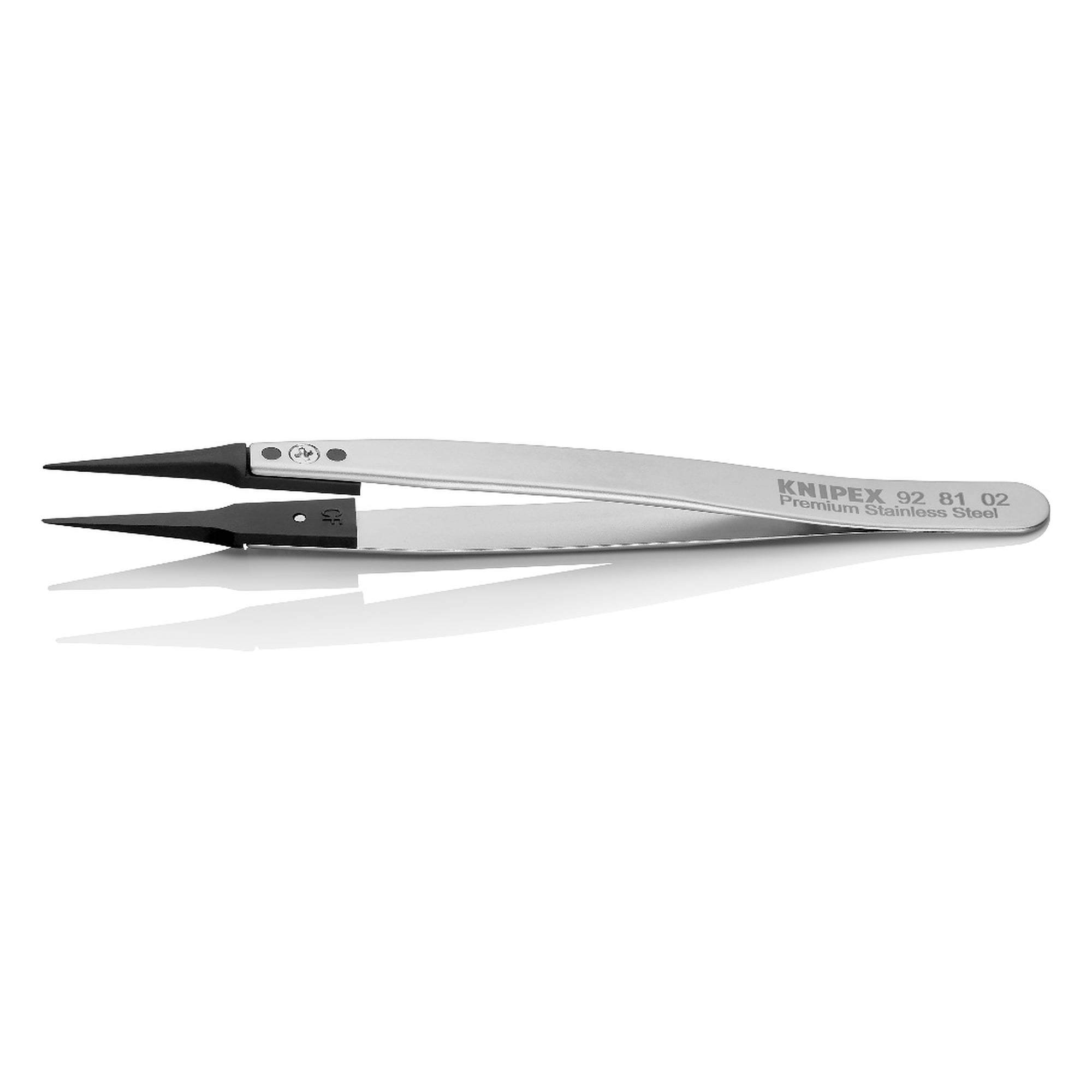 ESD Pinzette mit Wechselspitzen gerade, spitze Spitze 0,6 mm breit, Premium-Edelstahl, 130 mm