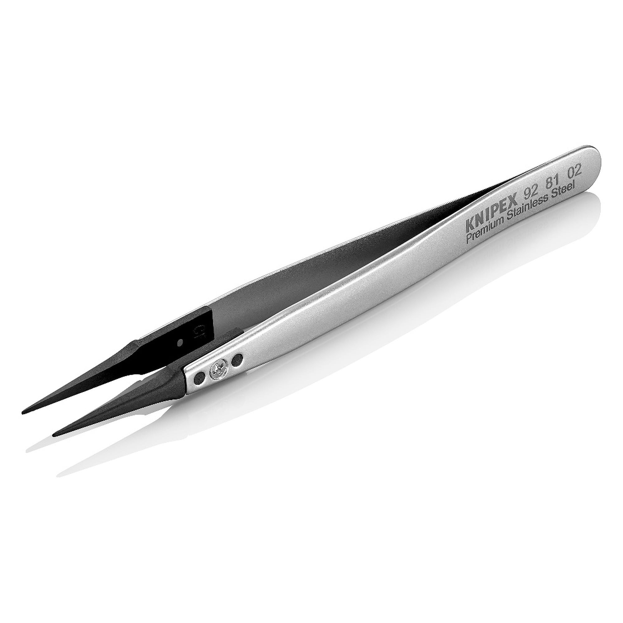 ESD Pinzette mit Wechselspitzen gerade, spitze Spitze 0,6 mm breit, Premium-Edelstahl, 130 mm