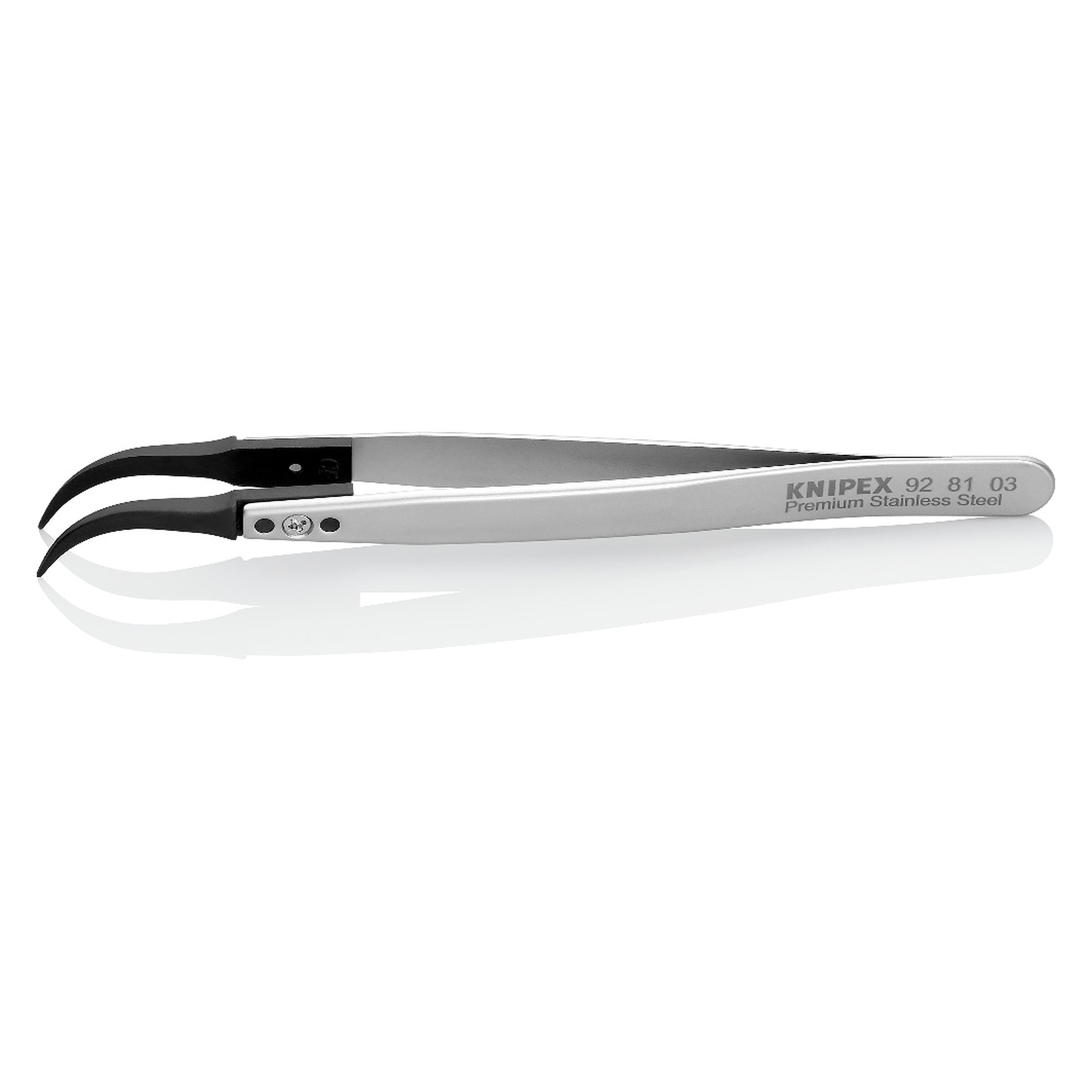 ESD Pinzette mit Wechselspitzen gewinkelt 60 Grad, spitze Spitze 0,7 mm breit, Premium-Edelstahl, 130 mm