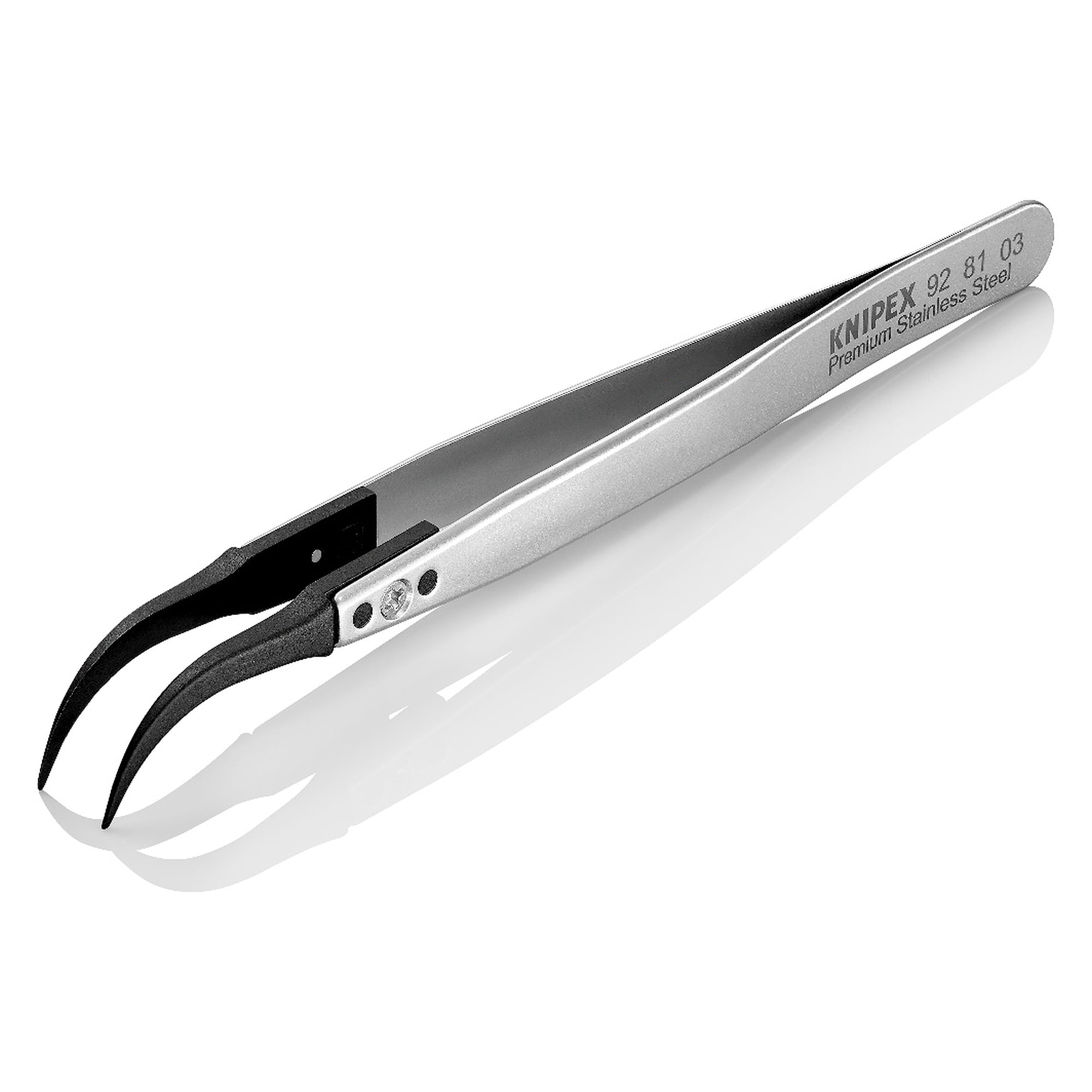 ESD Pinzette mit Wechselspitzen gewinkelt 60 Grad, spitze Spitze 0,7 mm breit, Premium-Edelstahl, 130 mm