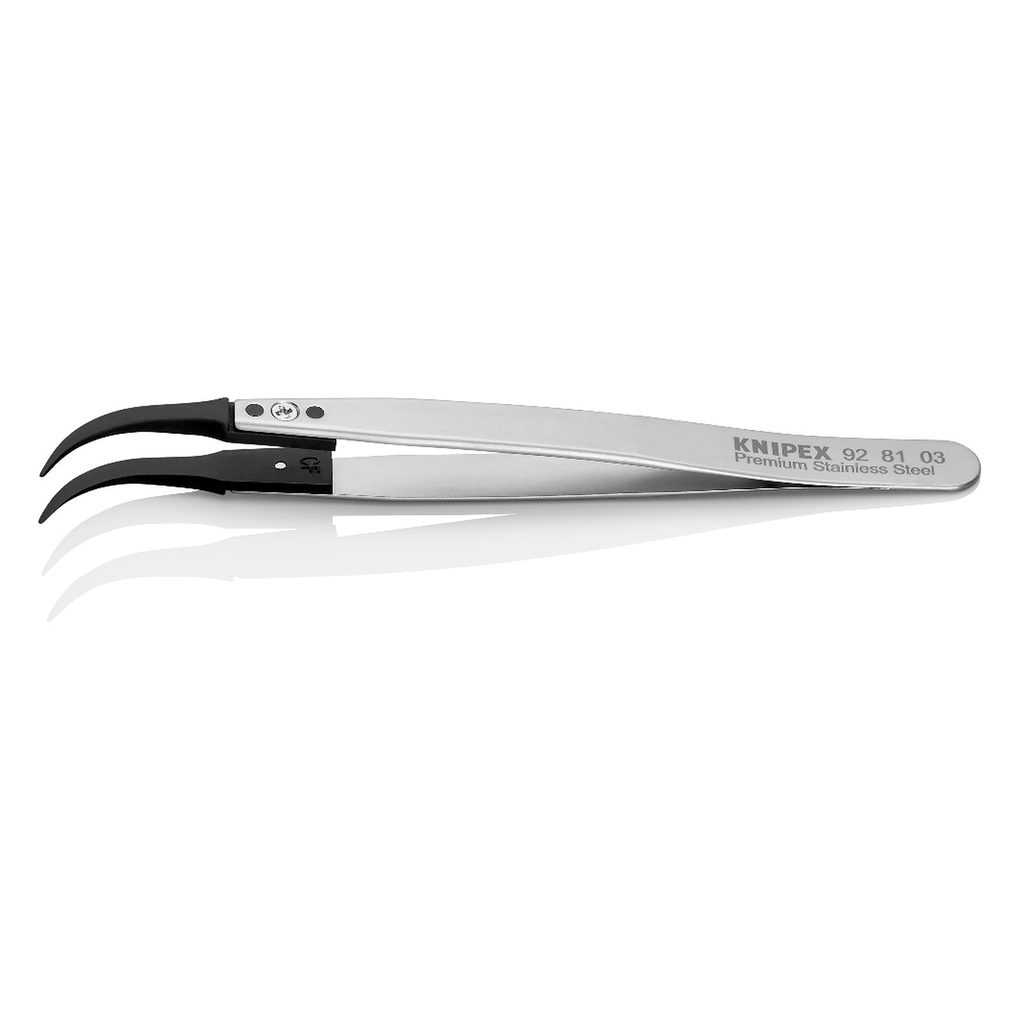ESD Pinzette mit Wechselspitzen gewinkelt 60 Grad, spitze Spitze 0,7 mm breit, Premium-Edelstahl, 130 mm