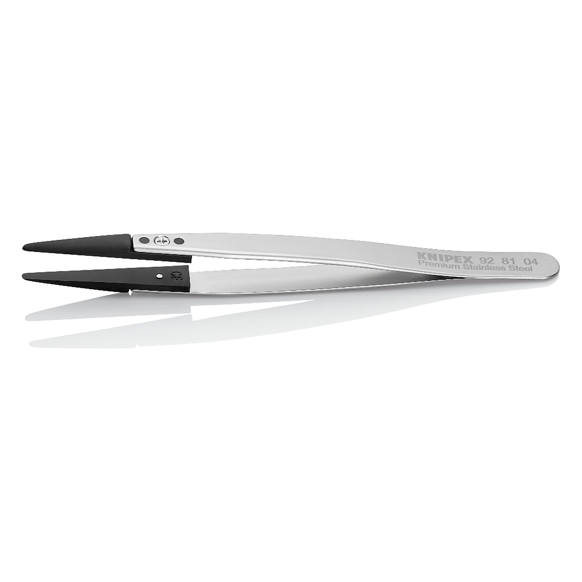 ESD tweezers with interchangeable tips straight, strong blunt tips 1 mm and 2 mm, premium stainless steel, 130 mm