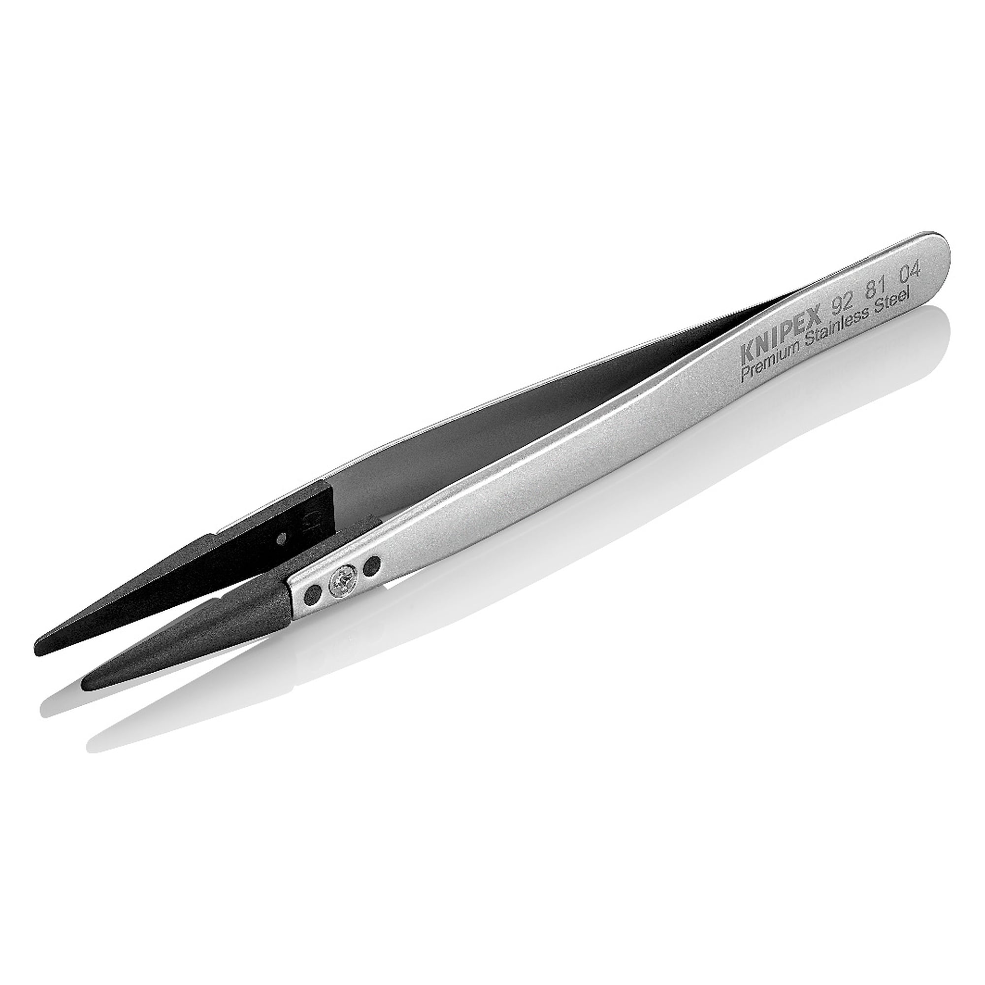 ESD tweezers with interchangeable tips straight, strong blunt tips 1 mm and 2 mm, premium stainless steel, 130 mm