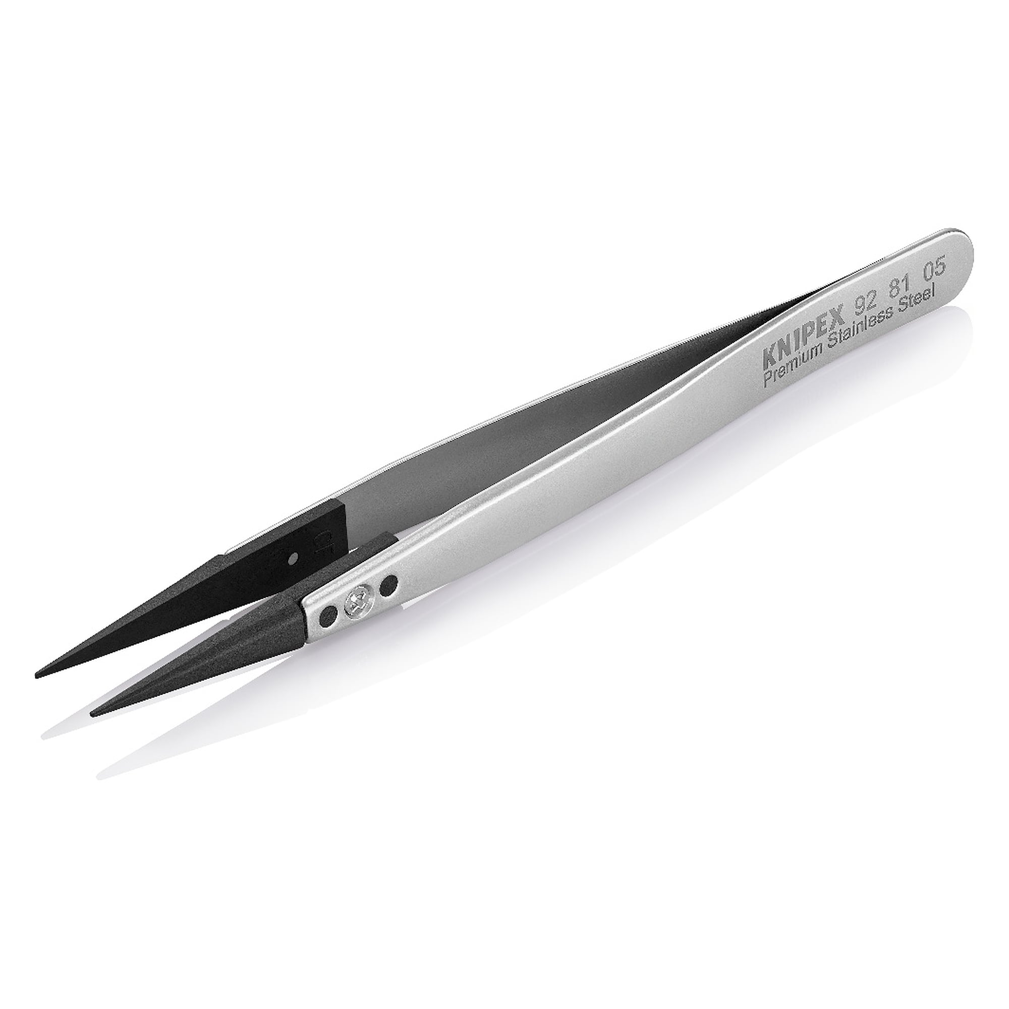 ESD Pinzette mit Wechselspitzen gerade, spitze Spitze 0,7 mm und 0,6 mm, Premium-Edelstahl, 130 mm