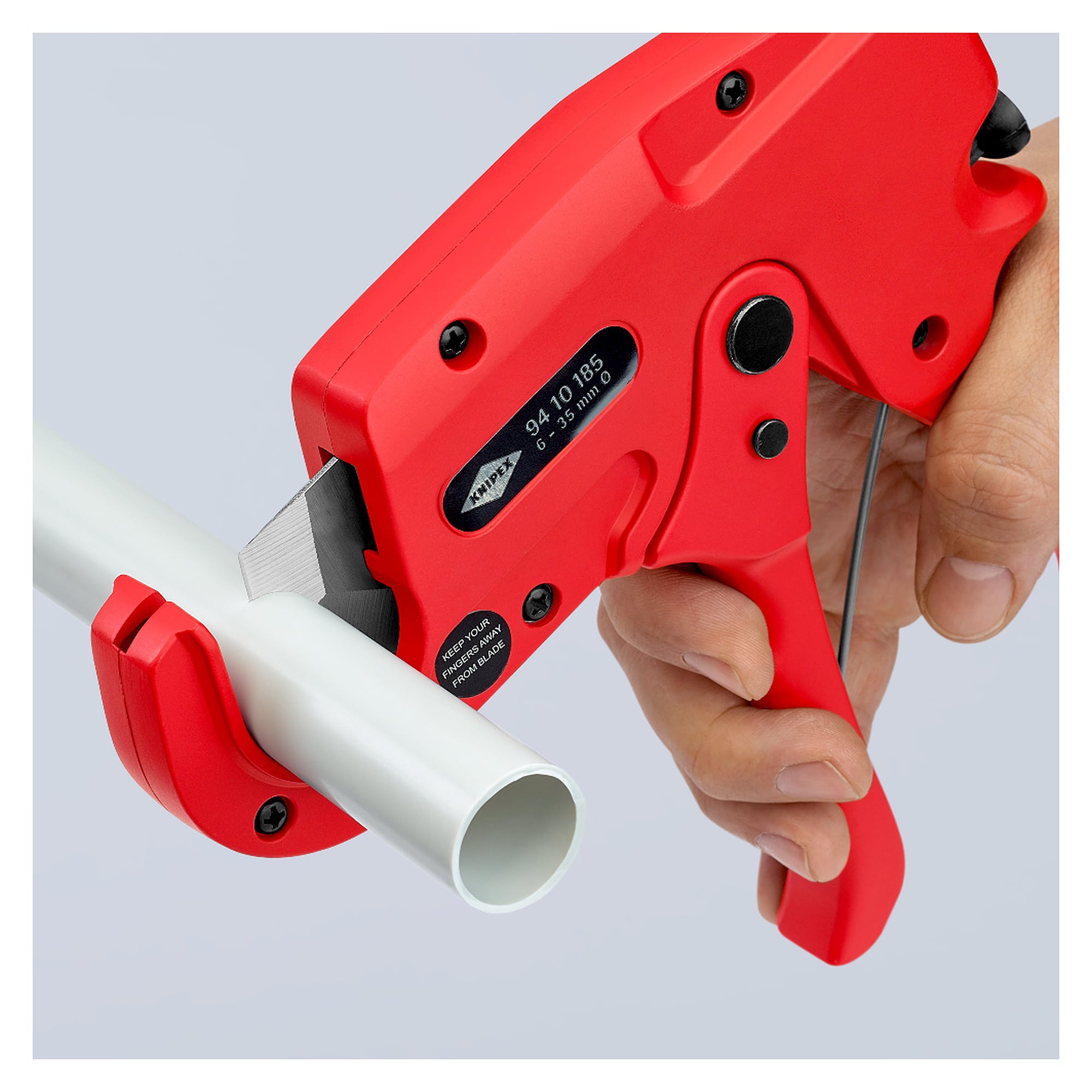Pipe cutter for plastic conduit pipes 6 - 35 mm dia., burr-free cut, die-cast aluminium, 185 mm