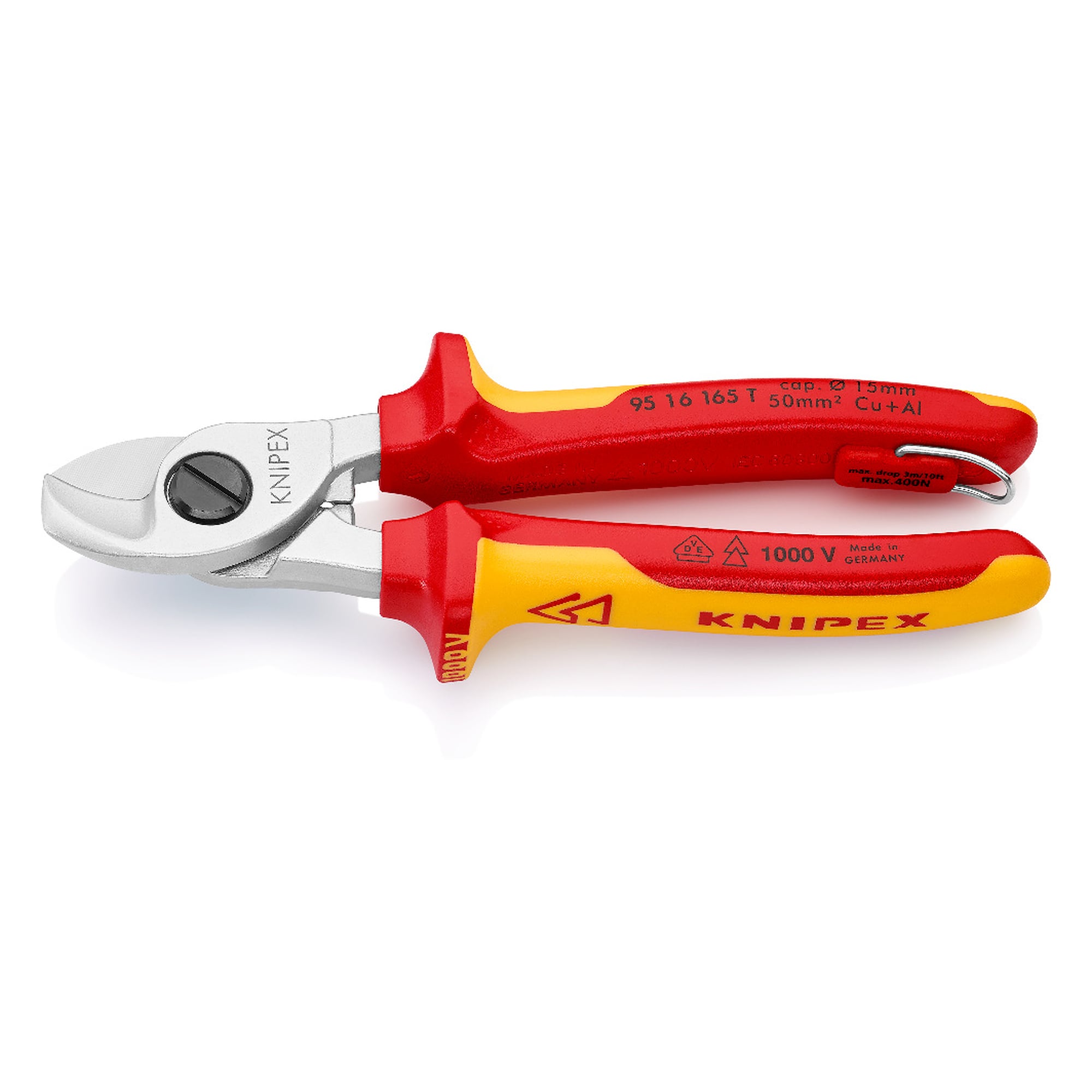 Coupe-câbles testé VDE pour câbles Cu et Al jusqu'à Ø 15 mm avec œillet de fixation, 165 mm