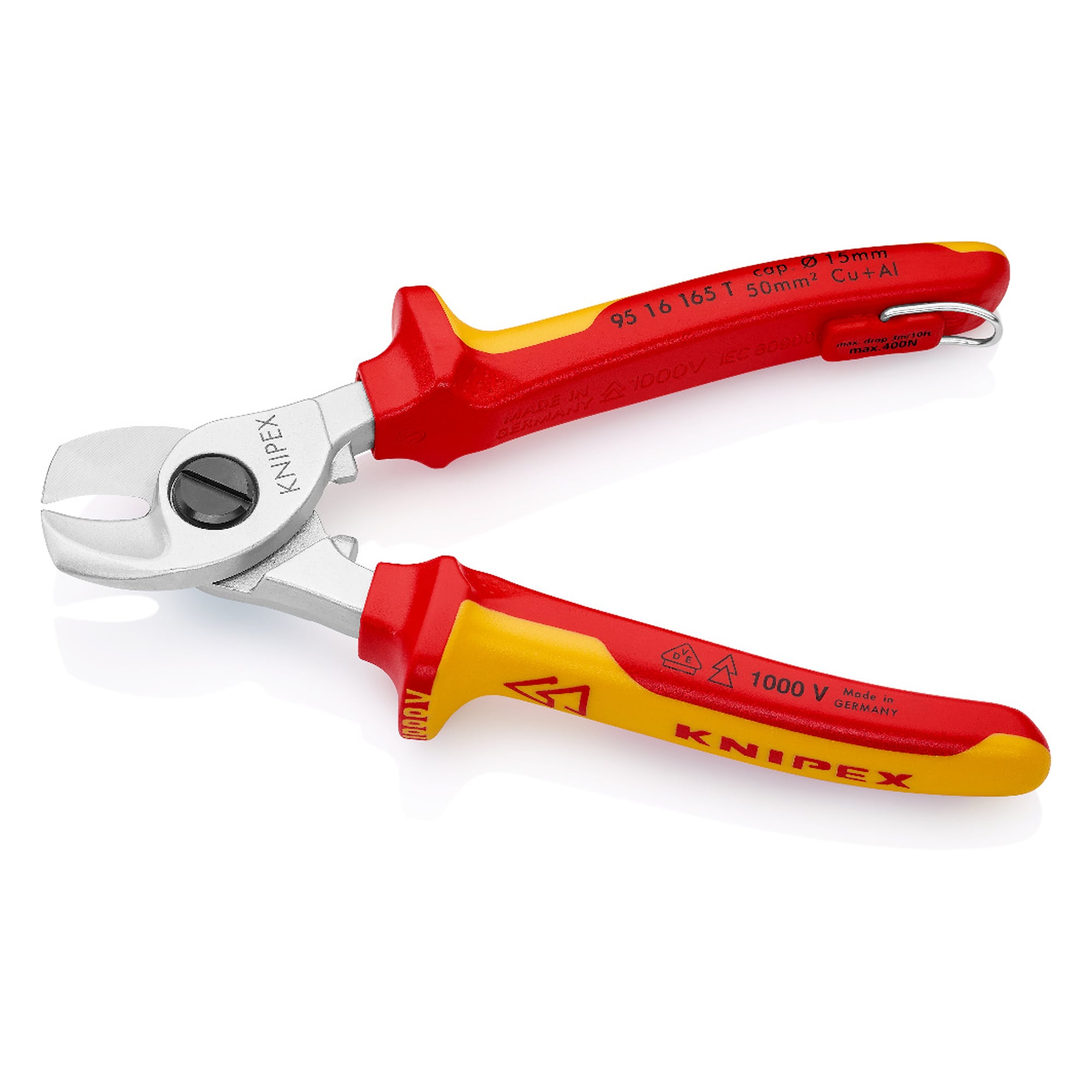 Coupe-câbles testé VDE pour câbles Cu et Al jusqu'à Ø 15 mm avec œillet de fixation, 165 mm