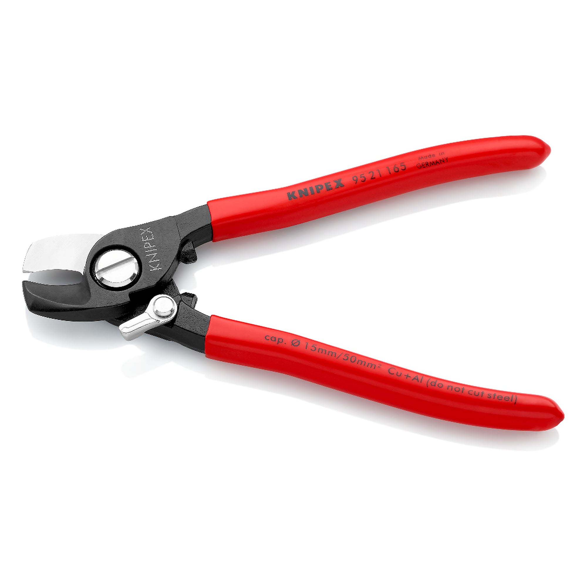 Kabelschere mit Öffnungsfeder für Cu- und Al-Kabel bis Ø 15 mm, brüniert, 165 mm