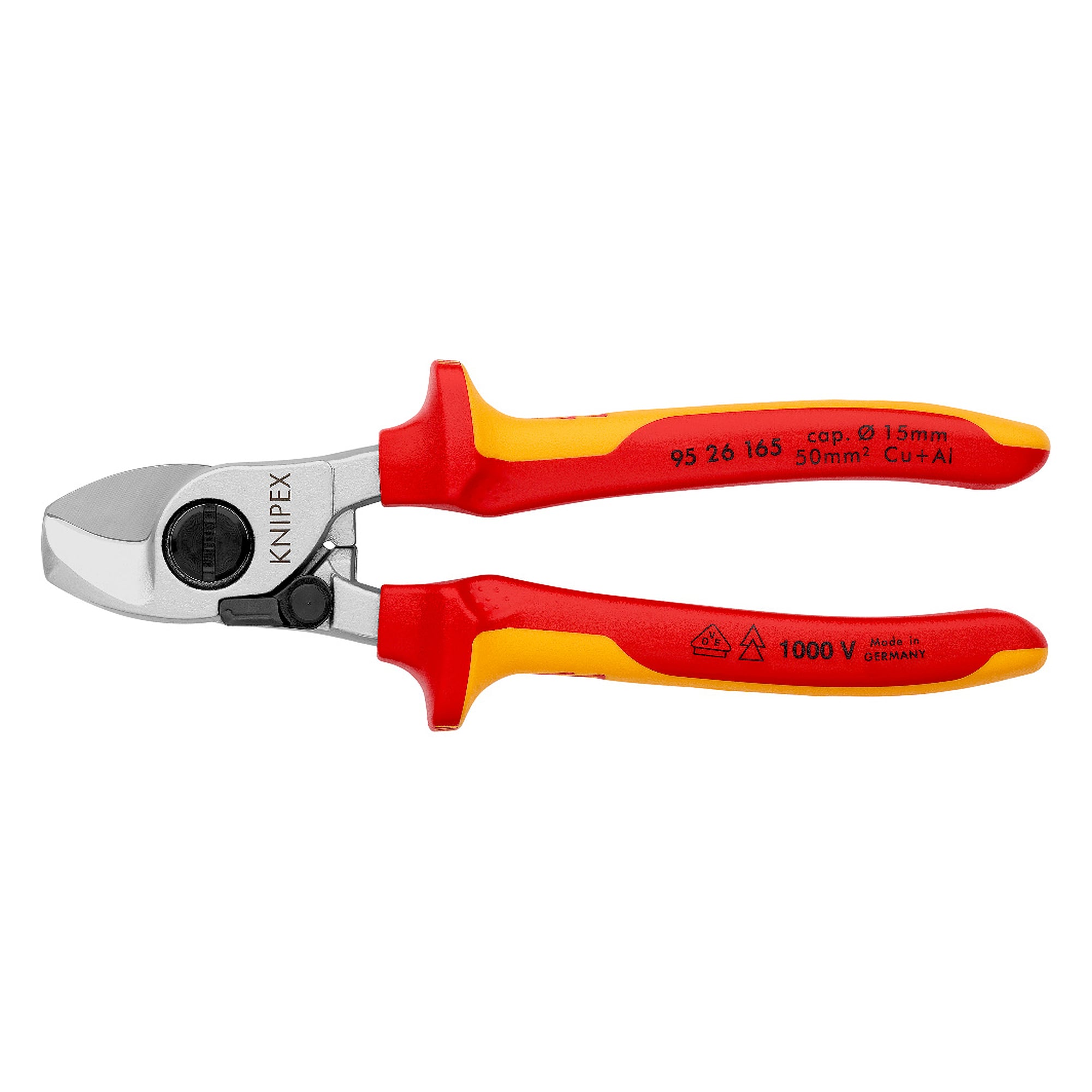 Kabelschere VDE-geprüft mit Öffnungsfeder für Cu- und Al-Kabel bis Ø 15 mm, 165 mm