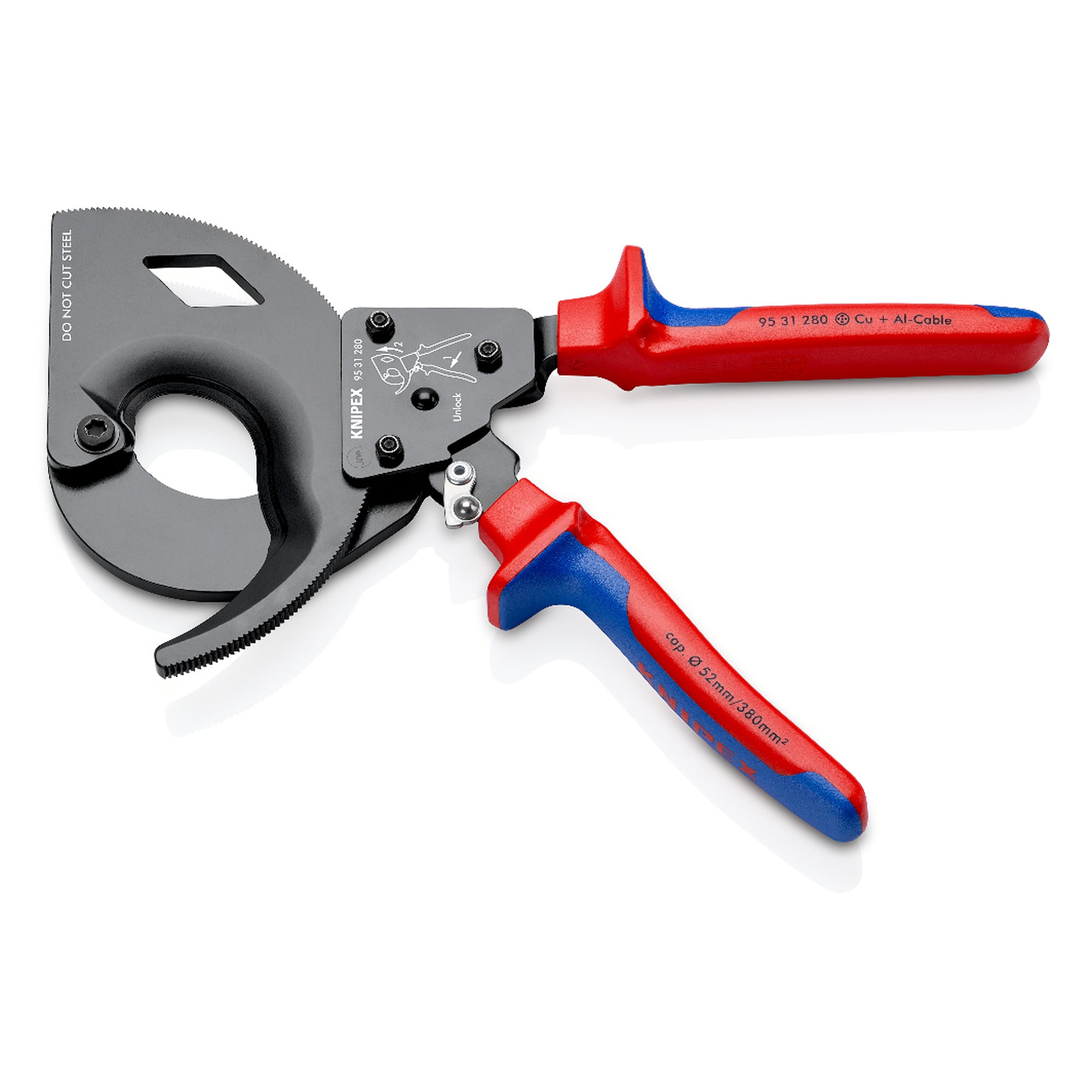 Coupe-câbles à cliquet pour câbles Cu et Al jusqu'à Ø 52 mm, 280 mm