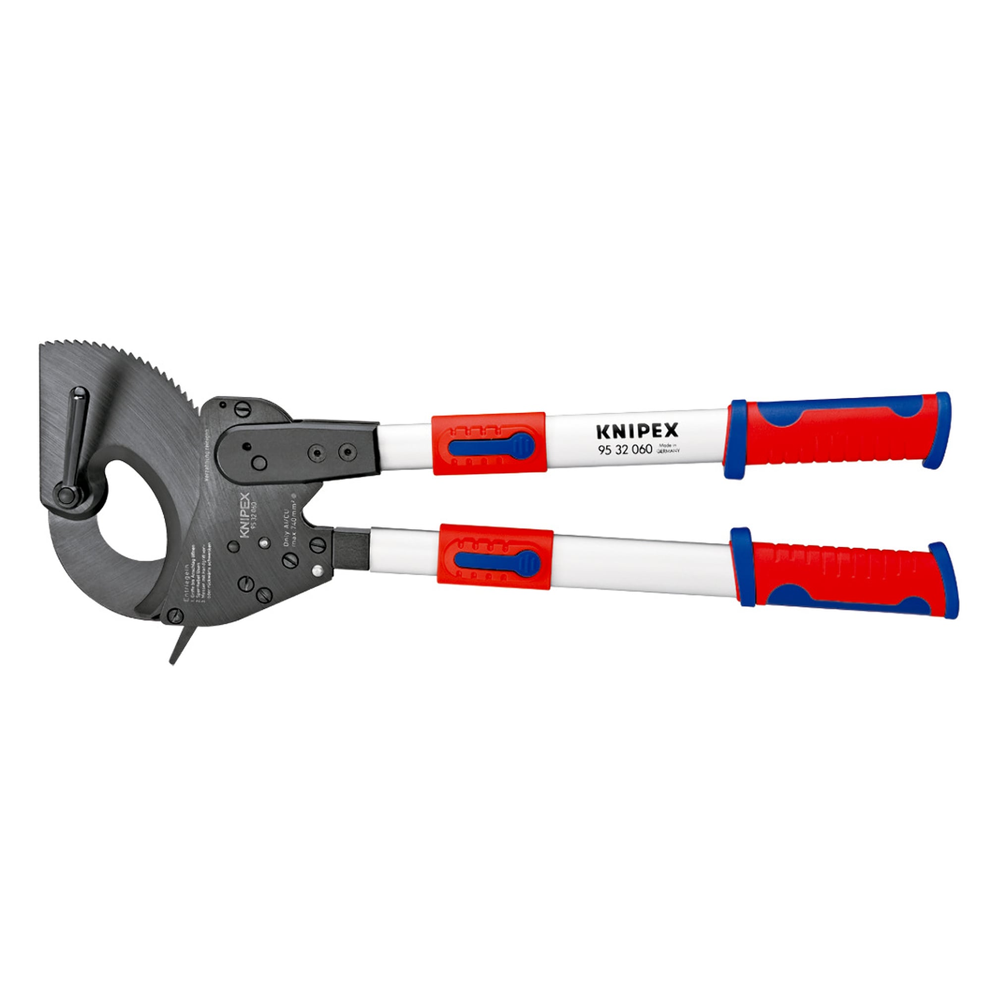 Cable cutter with ratchet action and telescopic handles for cables up to 60 mm dia., 630 mm
