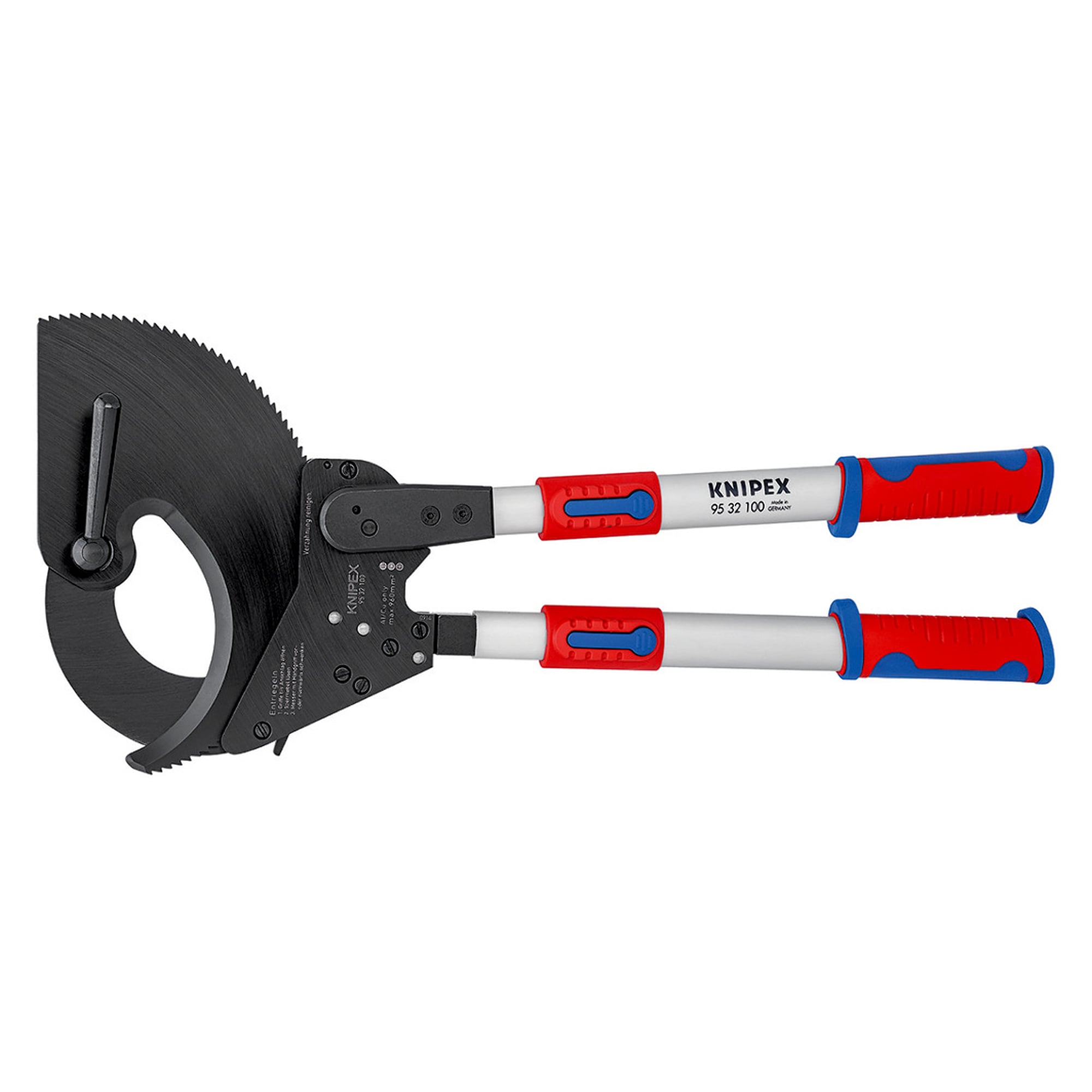 Cable cutter with ratchet action and telescopic handles for cables up to 100 mm dia., 680 mm
