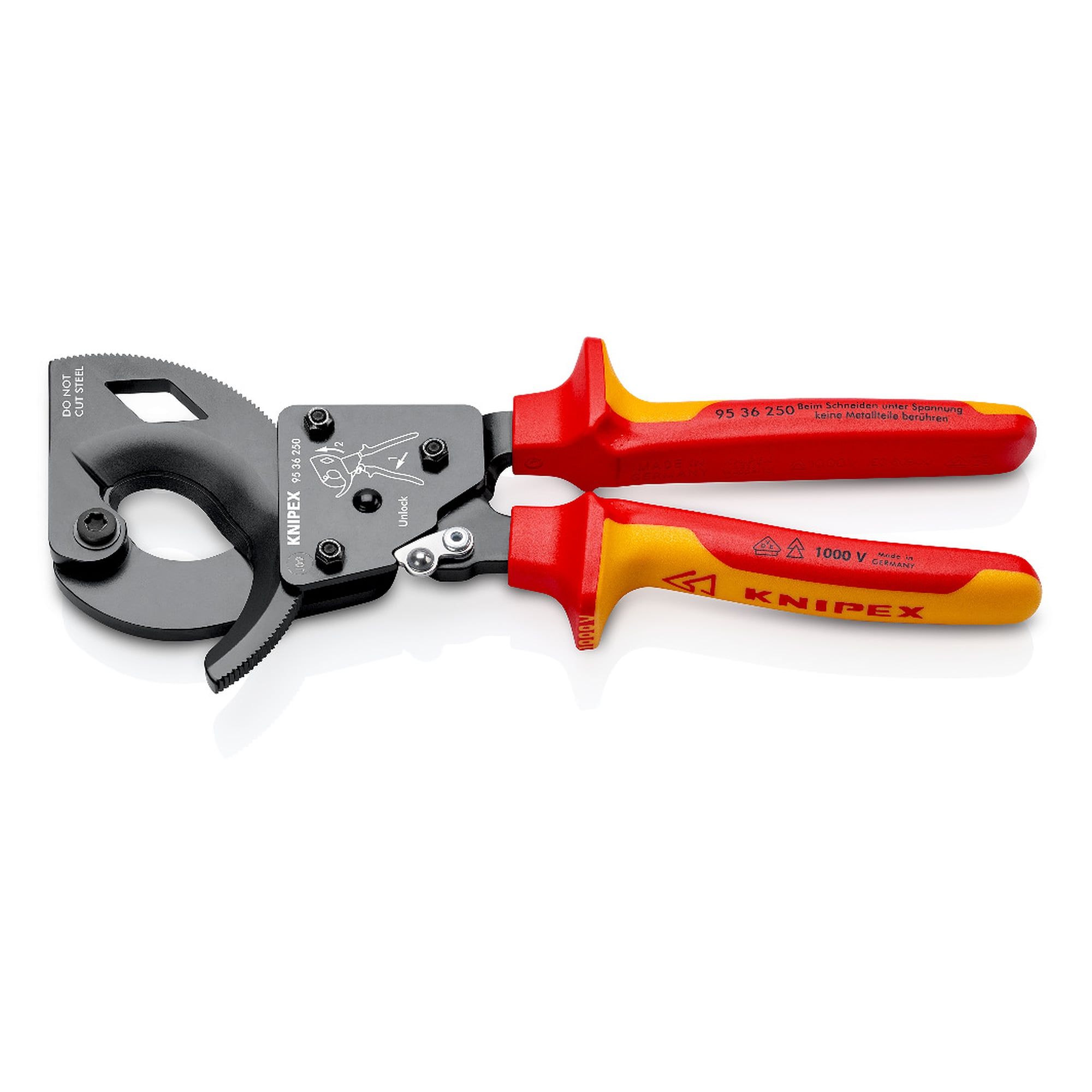 Cable cutter with three-stage ratchet drive, VDE insulated 1000 V, up to 32 mm dia., 250 mm
