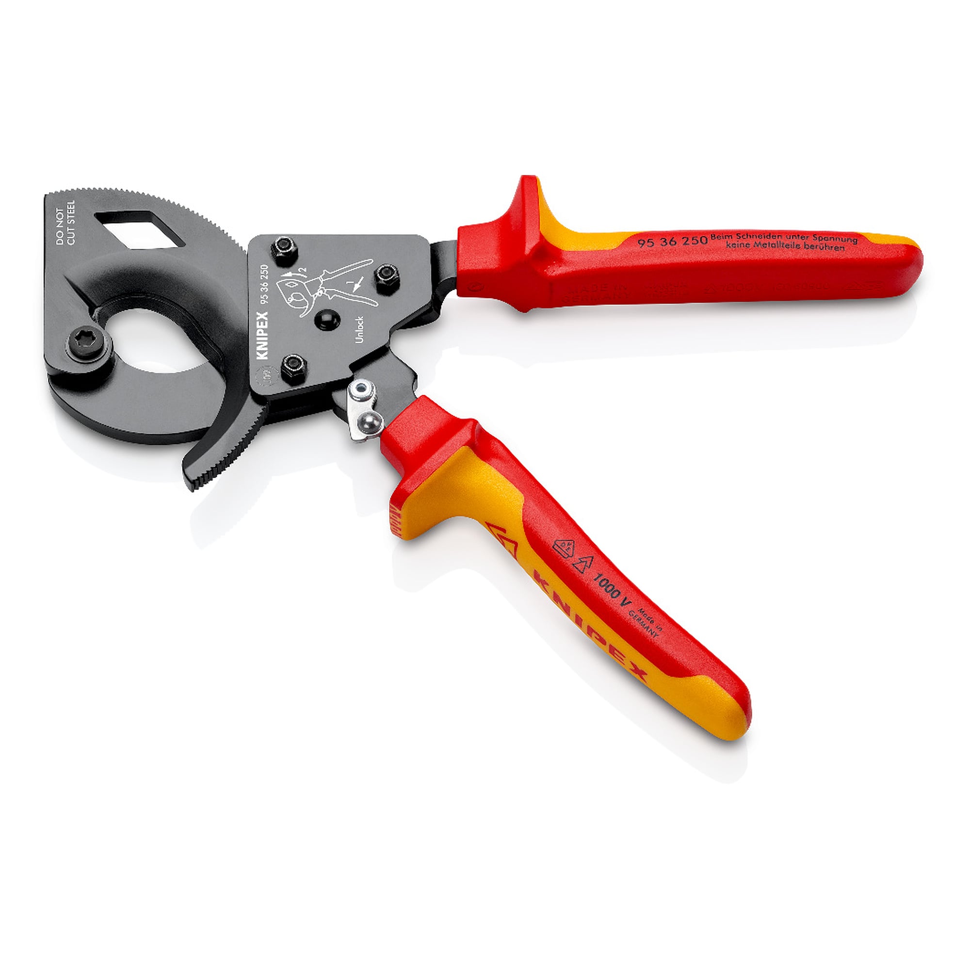 Cable cutter with three-stage ratchet drive, VDE insulated 1000 V, up to 32 mm dia., 250 mm